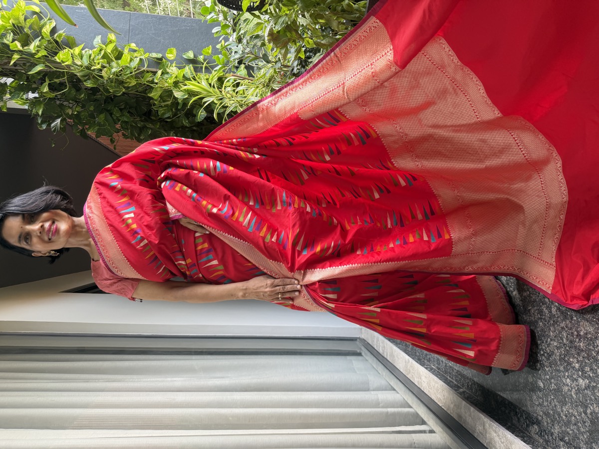 Red Ektara Katan Silk Multi-Meena Geometric Banarasi Saree — Banarasi, Ektara Katan Silk, Varanasi, Uttar Pradesh