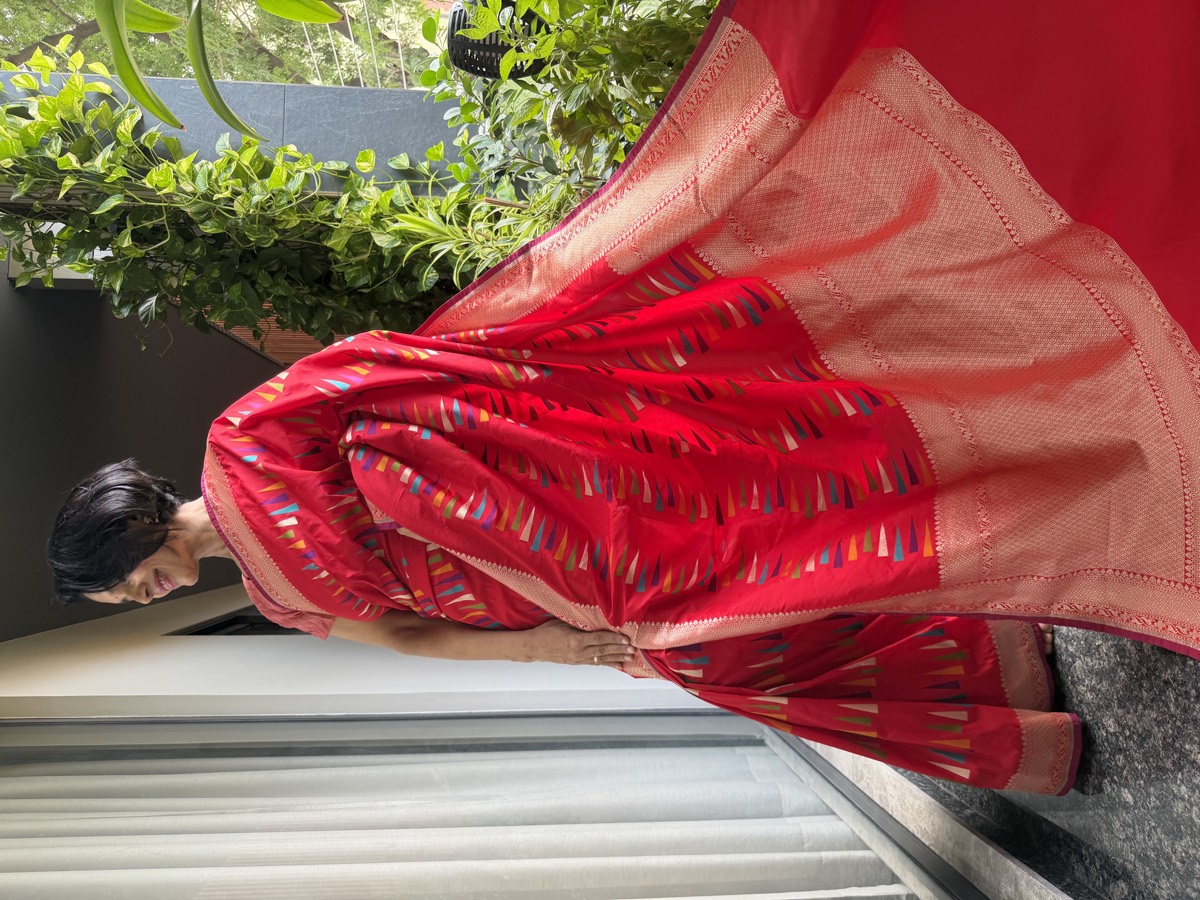 Red Ektara Katan Silk Multi-Meena Geometric Banarasi Saree — Banarasi, Ektara Katan Silk, Varanasi, Uttar Pradesh, view 6