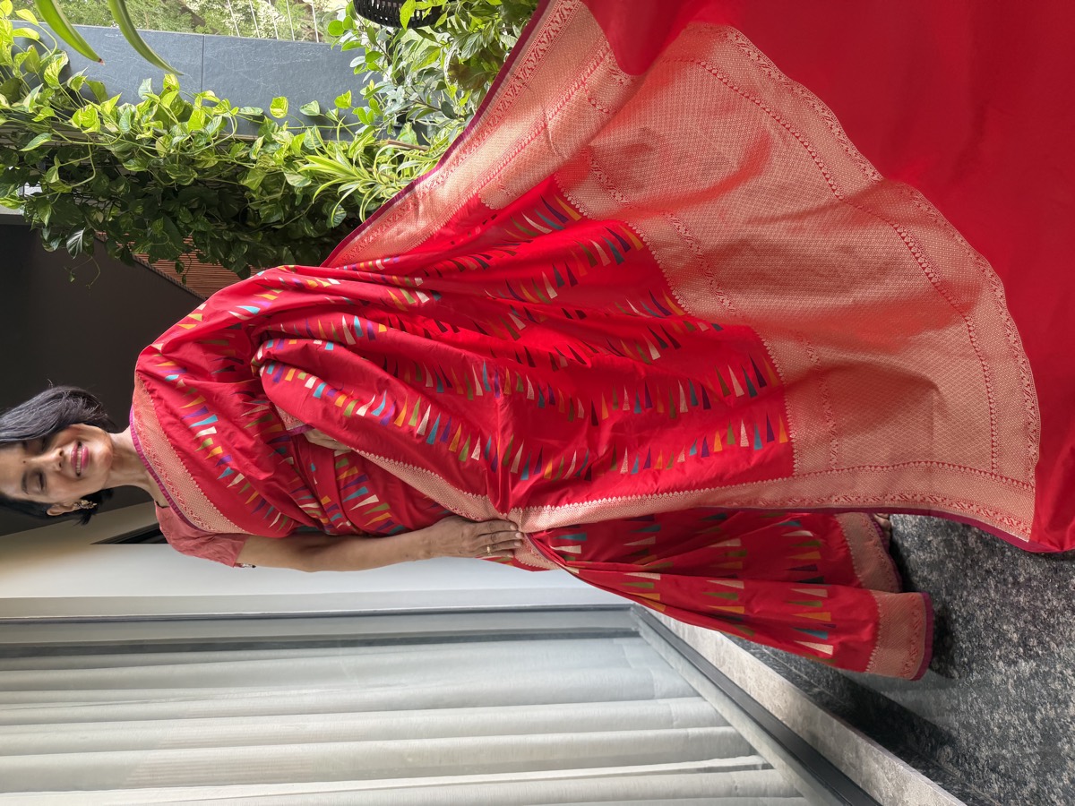 Red Ektara Katan Silk Multi-Meena Geometric Banarasi Saree — Banarasi, Ektara Katan Silk, Varanasi, Uttar Pradesh, view 5