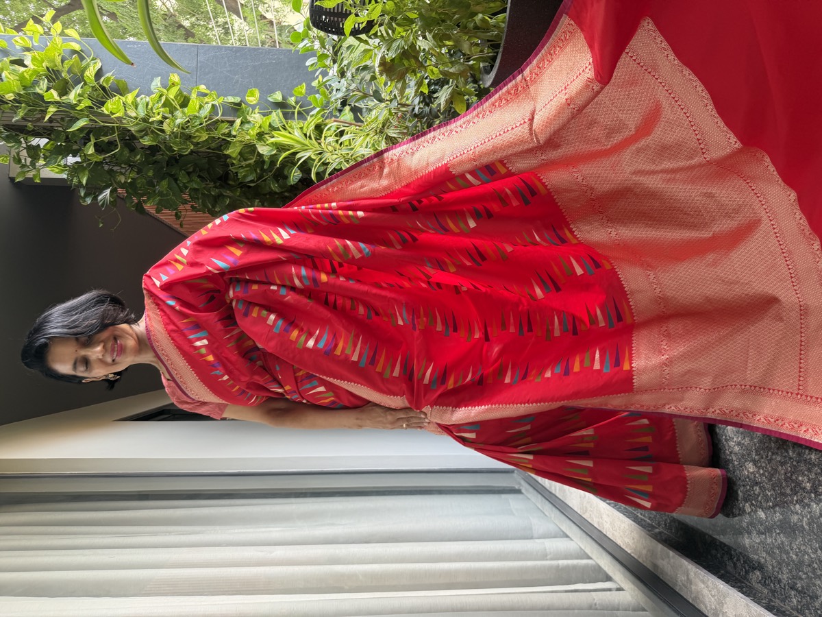 Red Ektara Katan Silk Multi-Meena Geometric Banarasi Saree — Banarasi, Ektara Katan Silk, Varanasi, Uttar Pradesh, view 4
