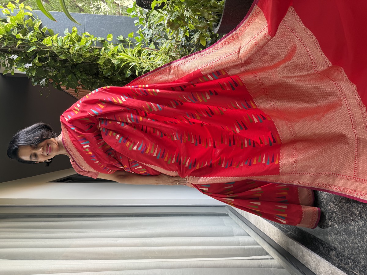 Red Ektara Katan Silk Multi-Meena Geometric Banarasi Saree — Banarasi, Ektara Katan Silk, Varanasi, Uttar Pradesh, view 3