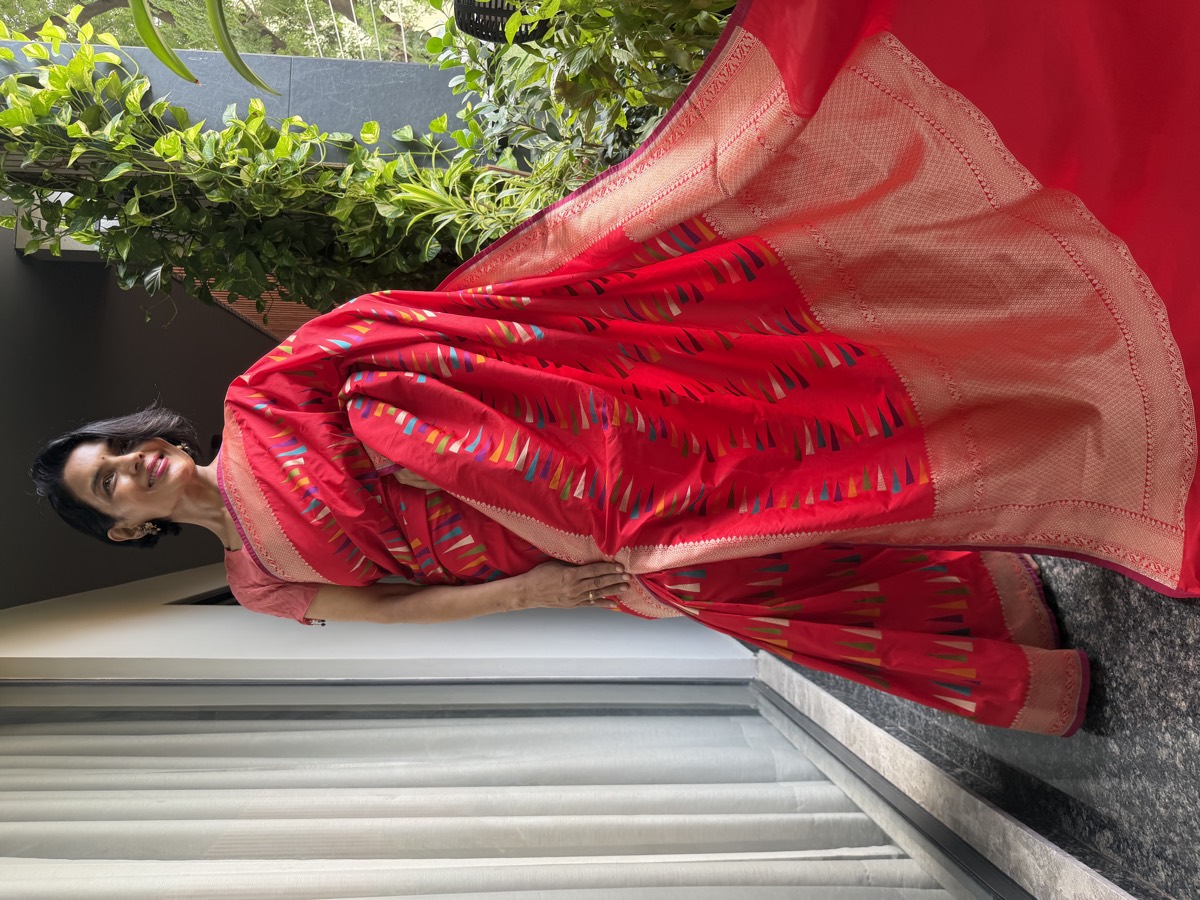 Red Ektara Katan Silk Multi-Meena Geometric Banarasi Saree — Banarasi, Ektara Katan Silk, Varanasi, Uttar Pradesh, view 2