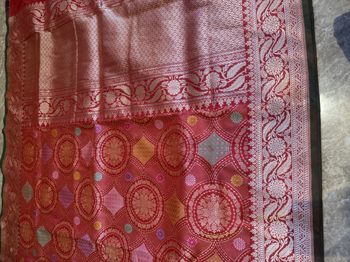 Scarlet Katan Silk Kaduwa Banarasi with Multi-Colour Meenakari — Banarasi, Pure Katan Silk, Varanasi, Uttar Pradesh, view 7