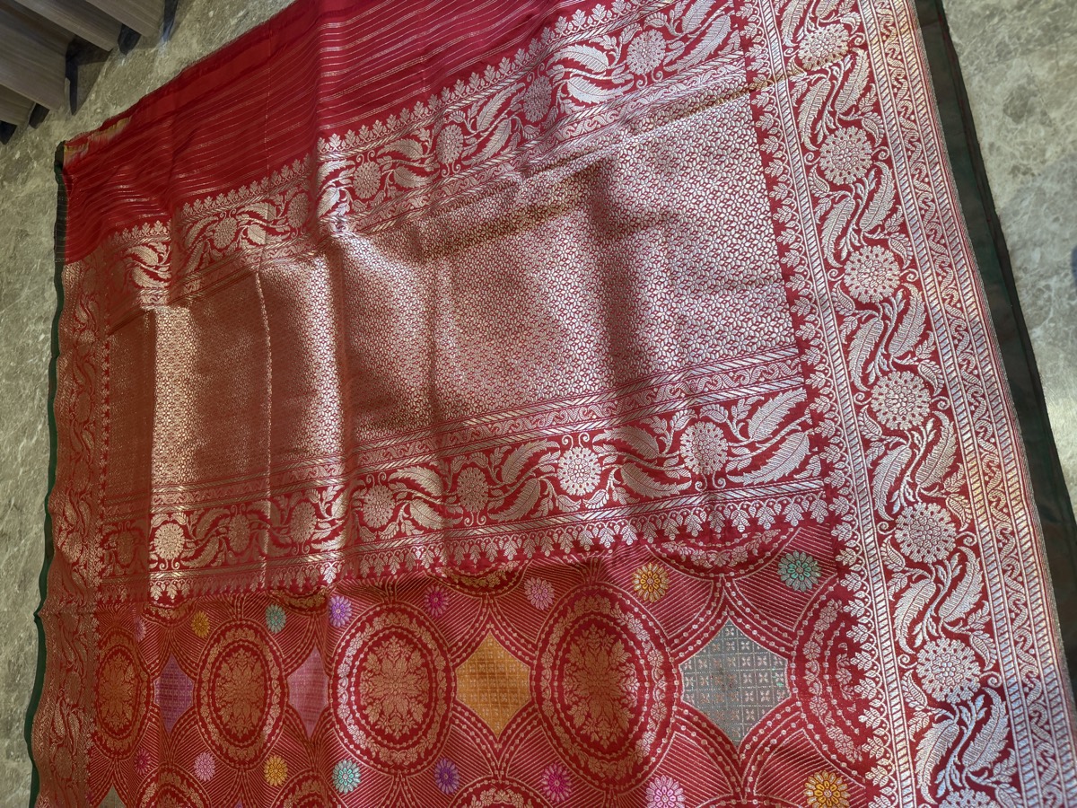 Scarlet Katan Silk Kaduwa Banarasi with Multi-Colour Meenakari — Banarasi, Pure Katan Silk, Varanasi, Uttar Pradesh, view 8