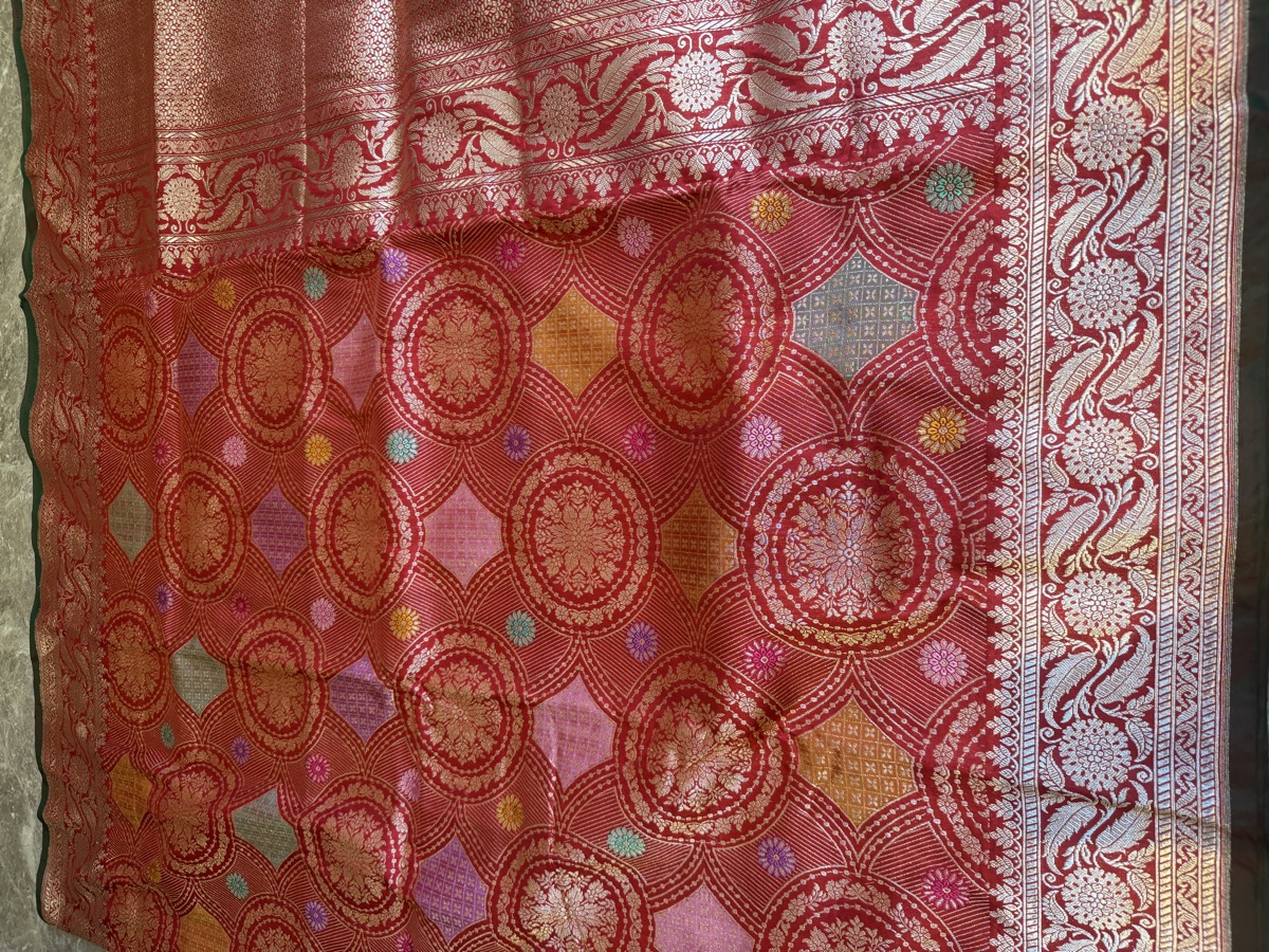 Scarlet Katan Silk Kaduwa Banarasi with Multi-Colour Meenakari — Banarasi, Pure Katan Silk, Varanasi, Uttar Pradesh, view 9