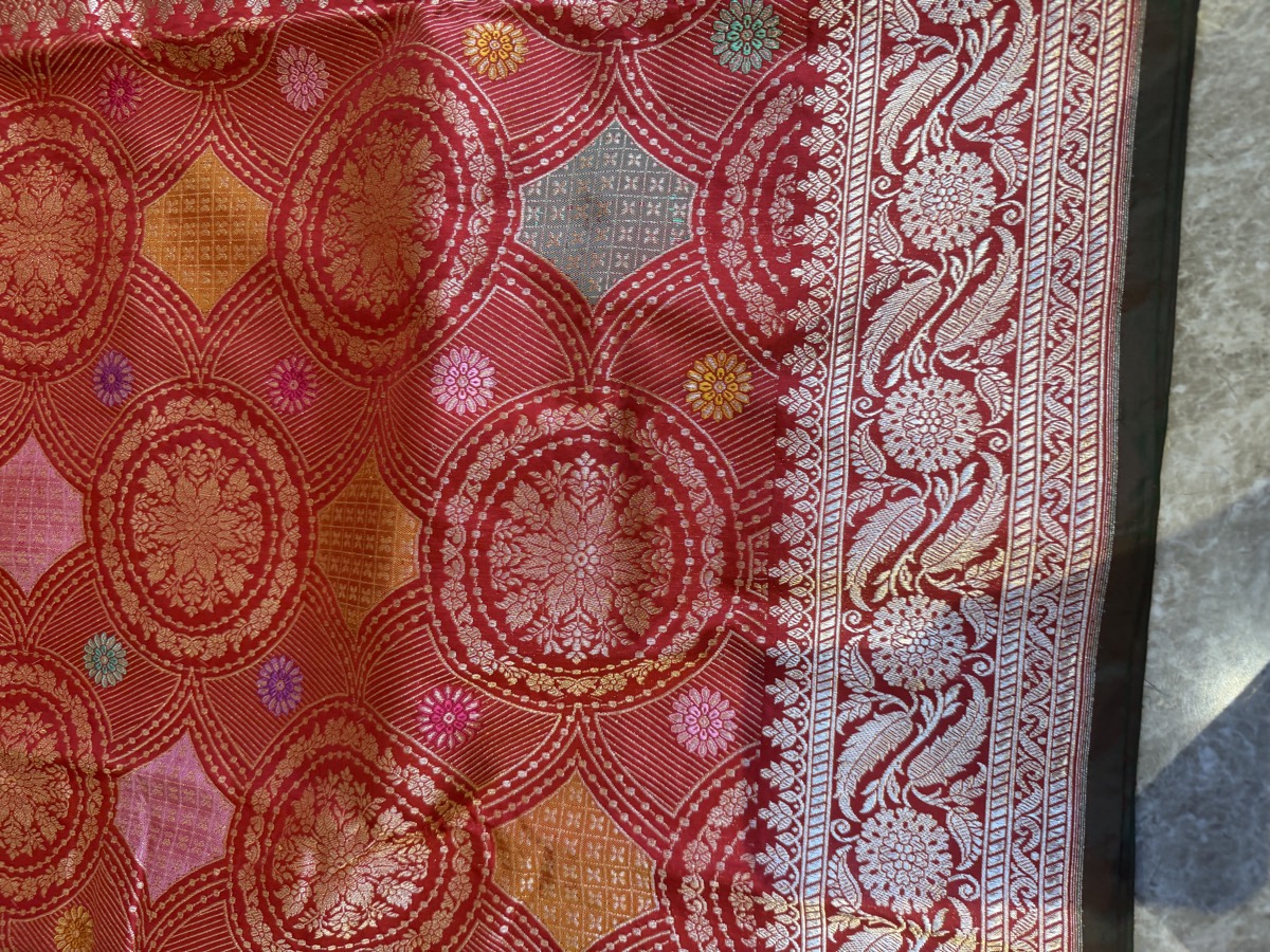 Scarlet Katan Silk Kaduwa Banarasi with Multi-Colour Meenakari — Banarasi, Pure Katan Silk, Varanasi, Uttar Pradesh, view 10