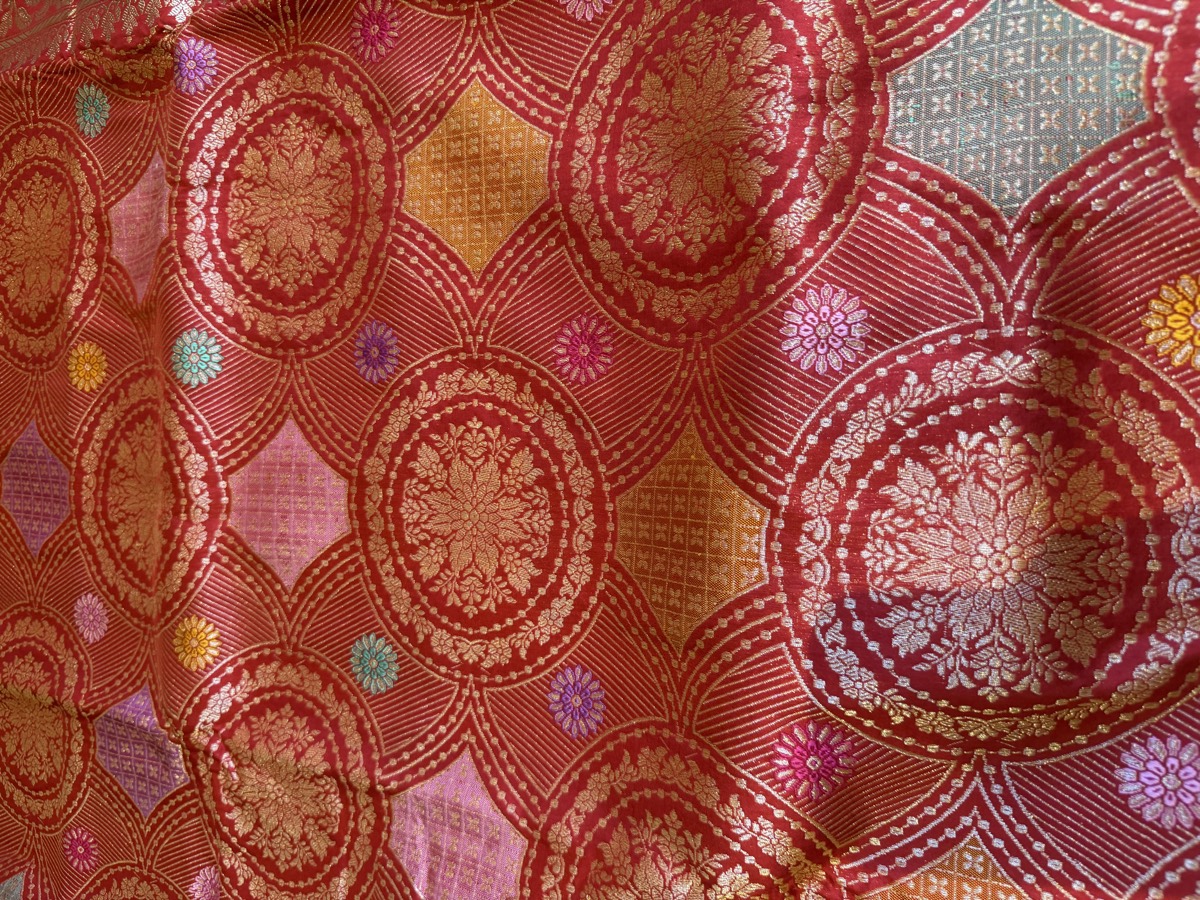 Scarlet Katan Silk Kaduwa Banarasi with Multi-Colour Meenakari — Banarasi, Pure Katan Silk, Varanasi, Uttar Pradesh, view 11