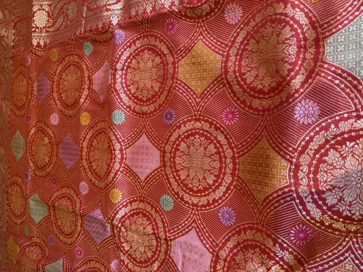 Scarlet Katan Silk Kaduwa Banarasi with Multi-Colour Meenakari — Banarasi, Pure Katan Silk, Varanasi, Uttar Pradesh, view 12