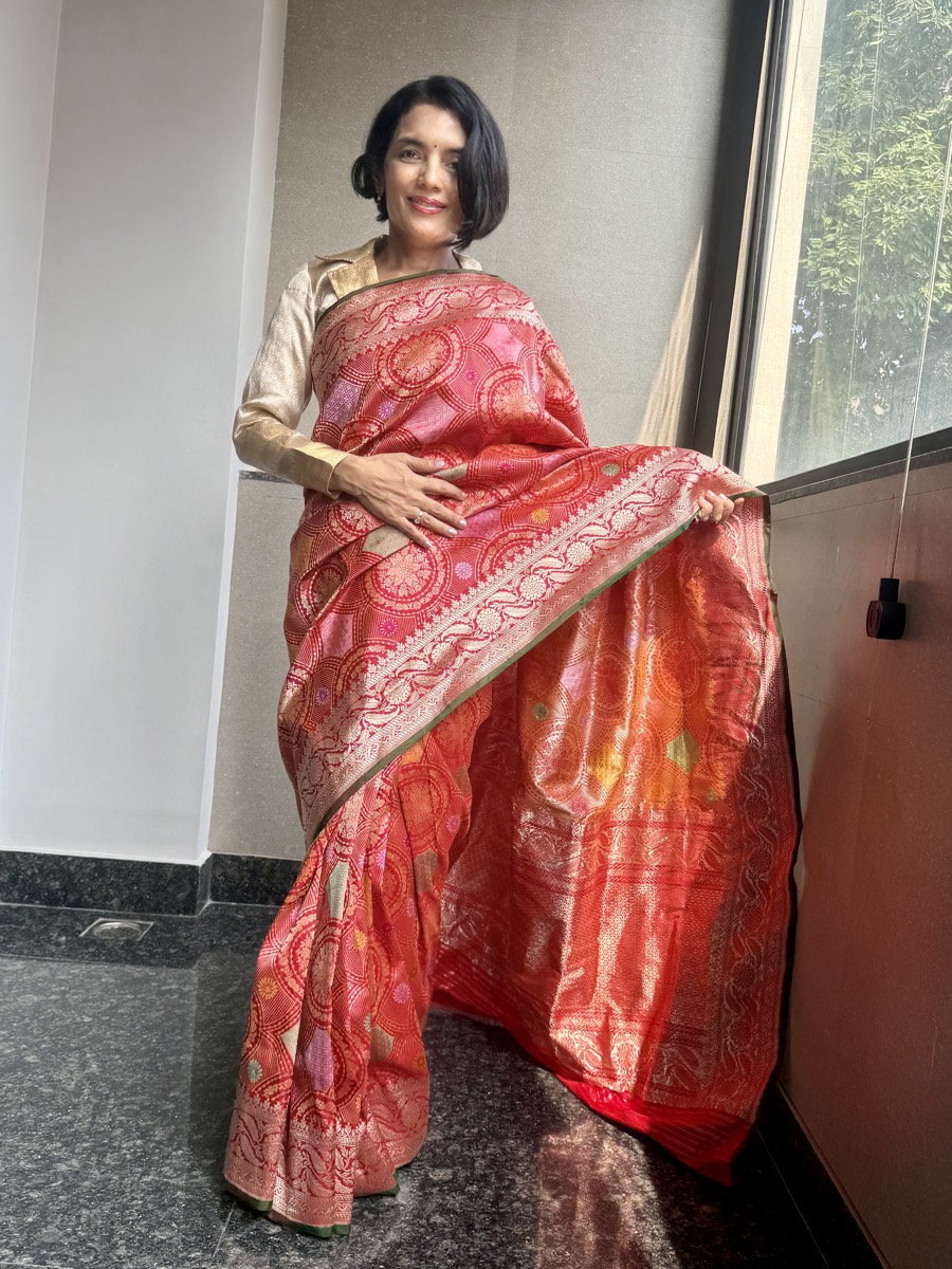 Scarlet Katan Silk Kaduwa Banarasi with Multi-Colour Meenakari — Banarasi, Pure Katan Silk, Varanasi, Uttar Pradesh, view 2
