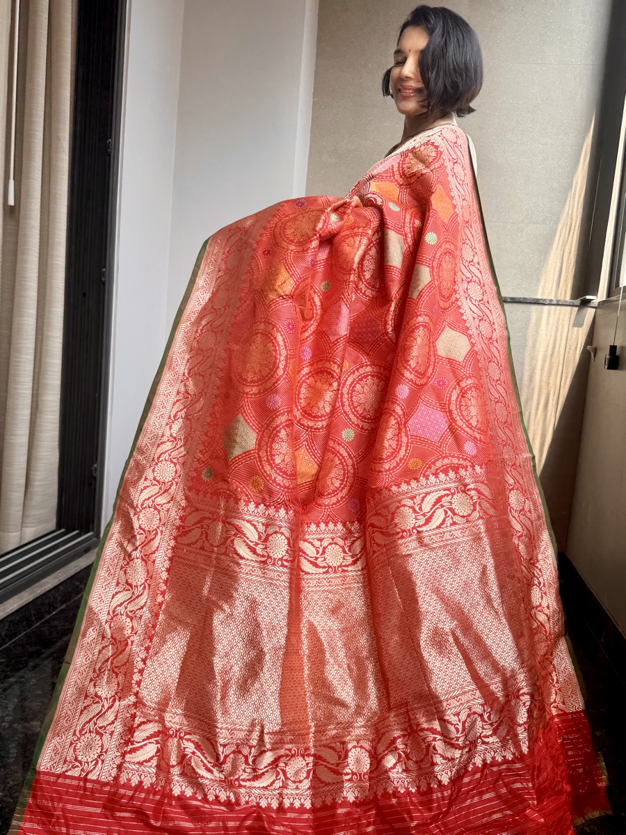Scarlet Katan Silk Kaduwa Banarasi with Multi-Colour Meenakari — Banarasi, Pure Katan Silk, Varanasi, Uttar Pradesh, view 5