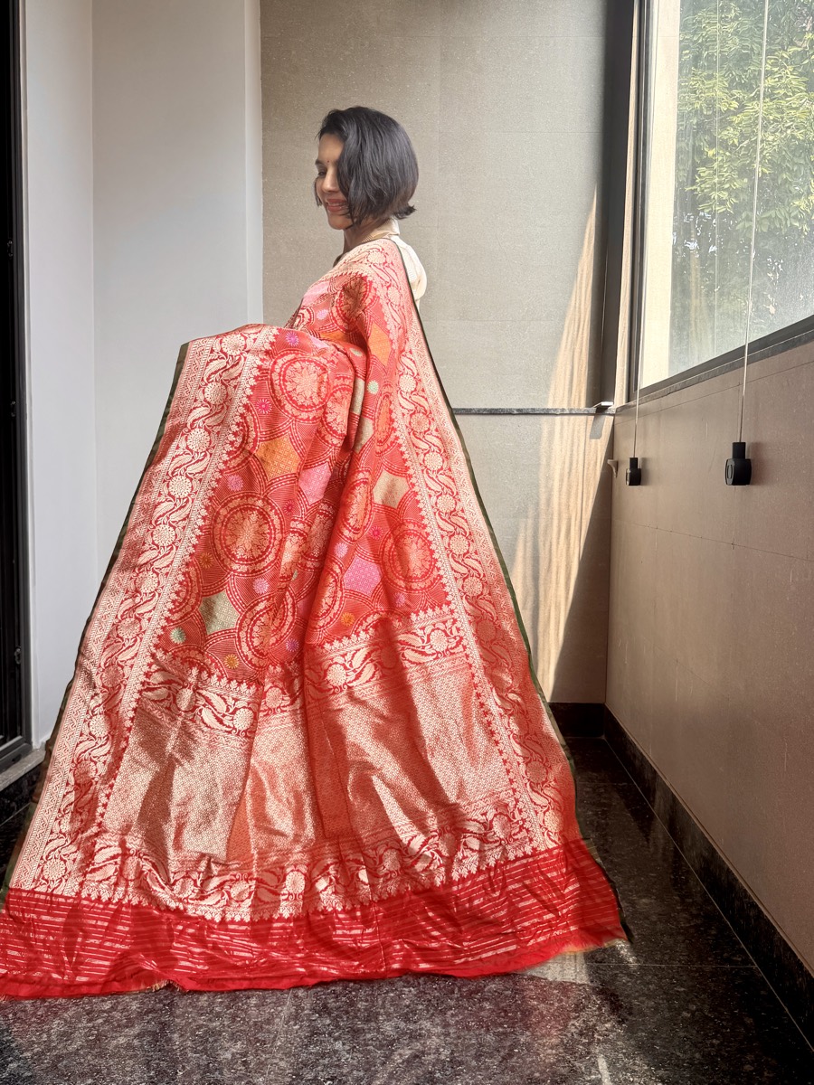 Scarlet Katan Silk Kaduwa Banarasi with Multi-Colour Meenakari — Banarasi, Pure Katan Silk, Varanasi, Uttar Pradesh, view 6