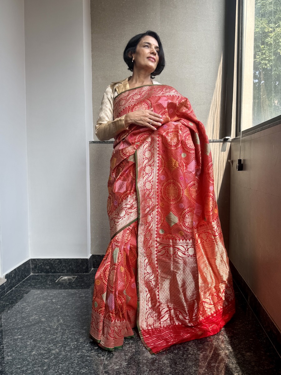 Scarlet Katan Silk Kaduwa Banarasi with Multi-Colour Meenakari — Banarasi, Pure Katan Silk, Varanasi, Uttar Pradesh, view 3