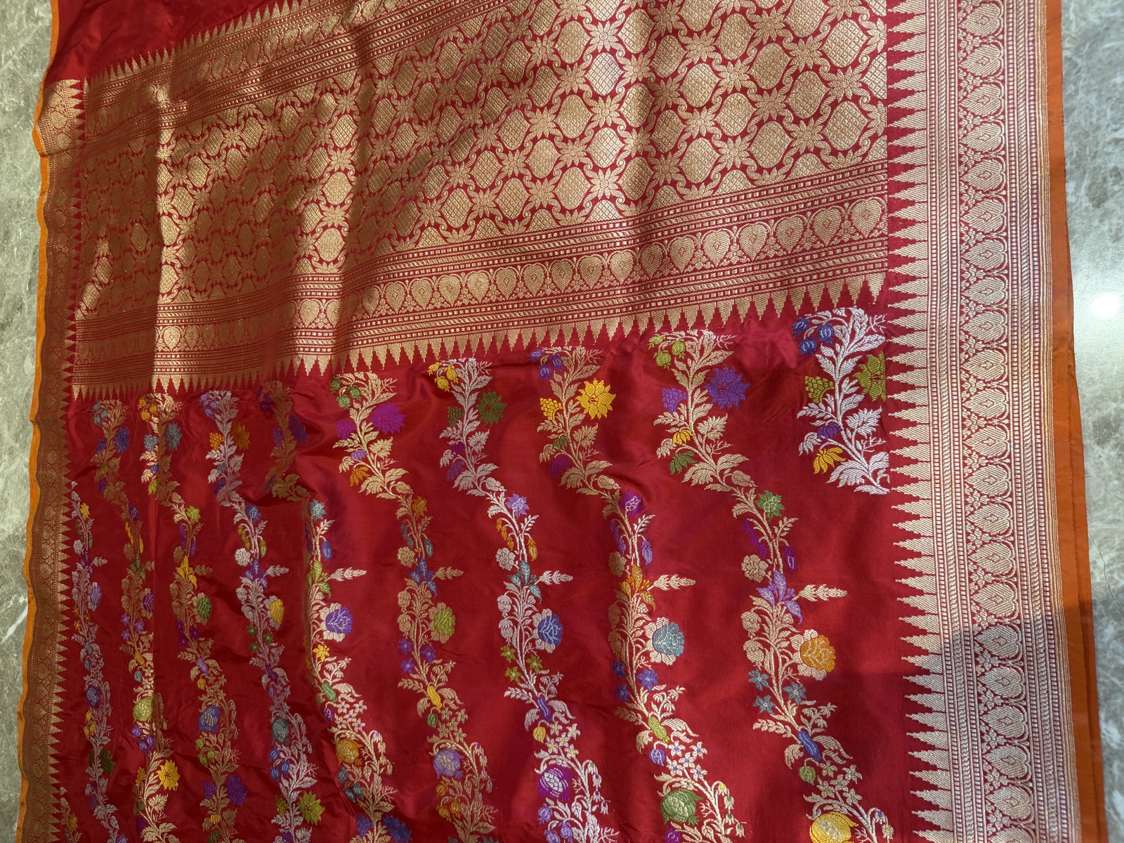 Red Pure Katan Silk Kaduwa Banarasi Saree with Multi Meena Vine — Banarasi, Katan Silk, Varanasi, Uttar Pradesh, view 9