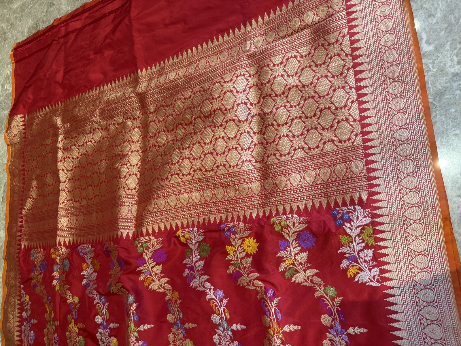 Red Pure Katan Silk Kaduwa Banarasi Saree with Multi Meena Vine — Banarasi, Katan Silk, Varanasi, Uttar Pradesh, view 10