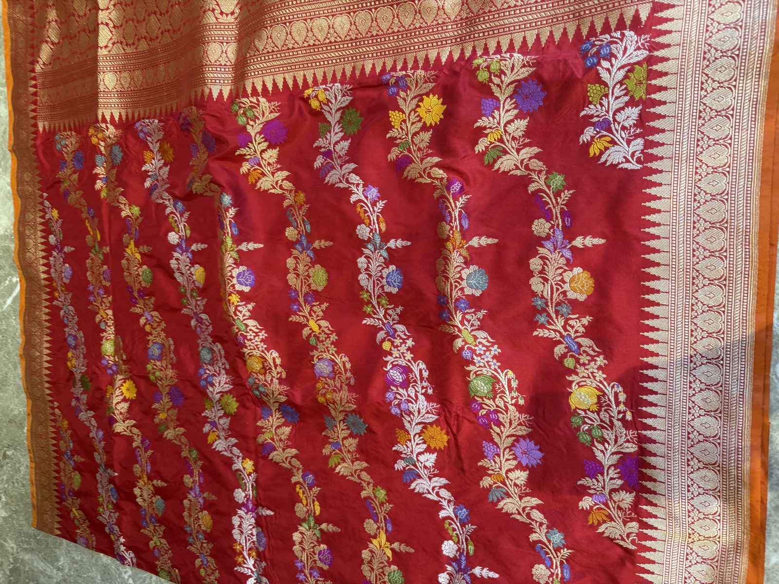 Red Pure Katan Silk Kaduwa Banarasi Saree with Multi Meena Vine — Banarasi, Katan Silk, Varanasi, Uttar Pradesh, view 11