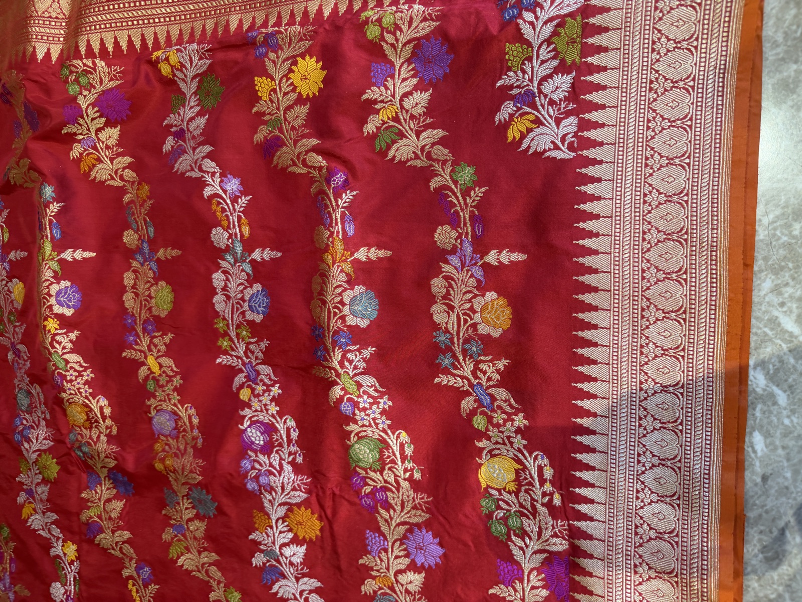 Red Pure Katan Silk Kaduwa Banarasi Saree with Multi Meena Vine — Banarasi, Katan Silk, Varanasi, Uttar Pradesh, view 12