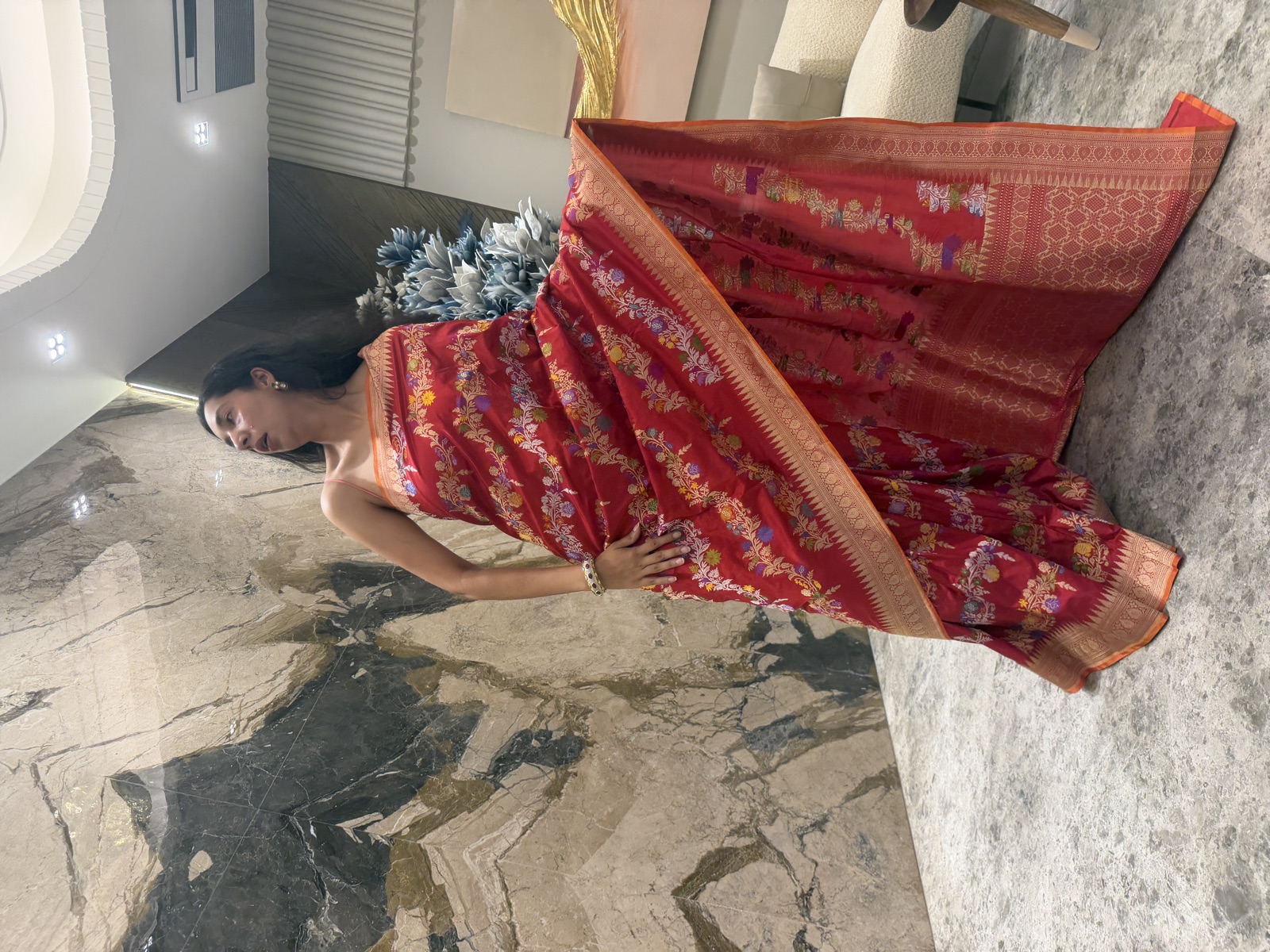 Red Pure Katan Silk Kaduwa Banarasi Saree with Multi Meena Vine — Banarasi, Katan Silk, Varanasi, Uttar Pradesh, view 14