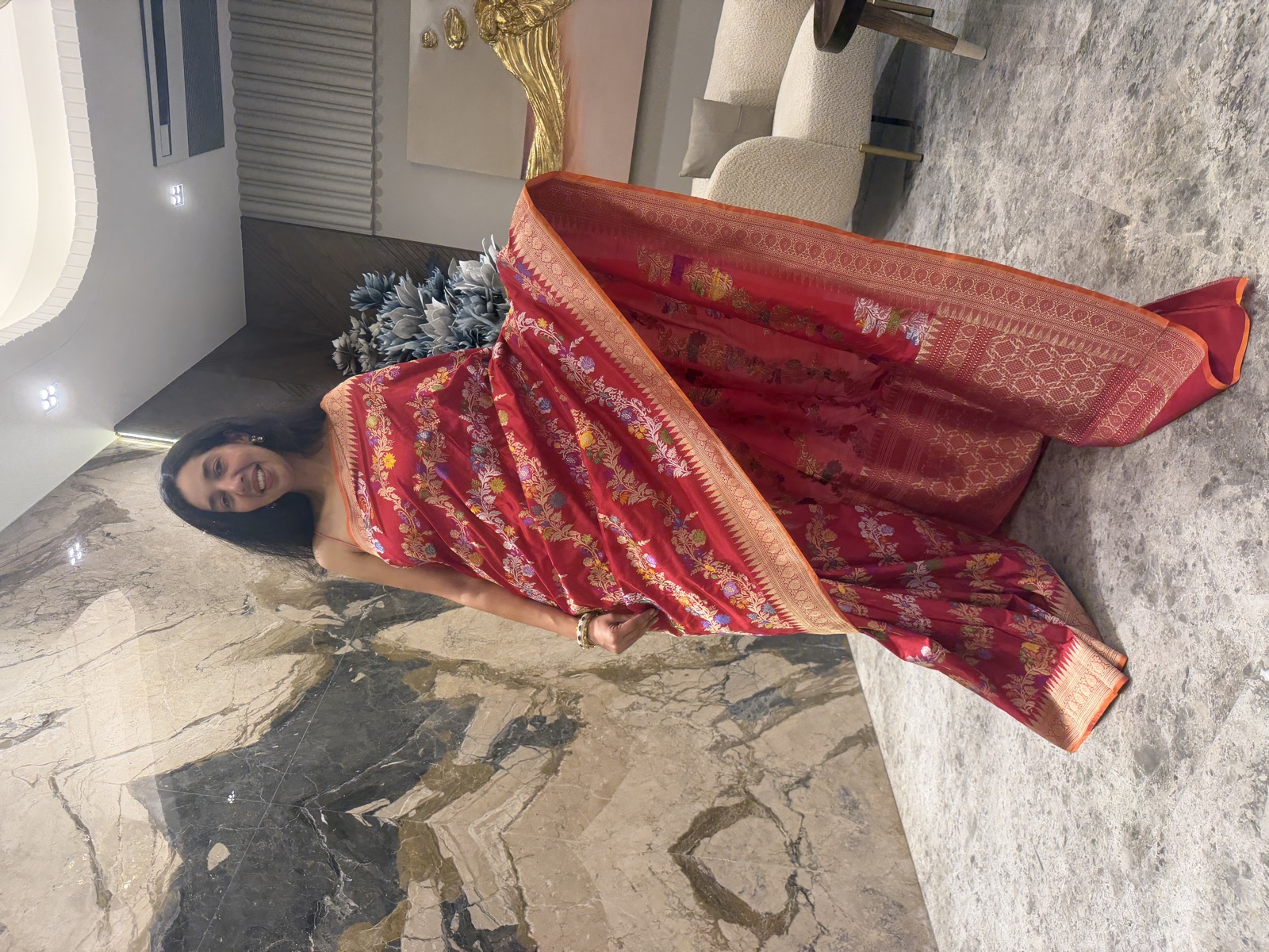 Red Pure Katan Silk Kaduwa Banarasi Saree with Multi Meena Vine — Banarasi, Katan Silk, Varanasi, Uttar Pradesh, view 4
