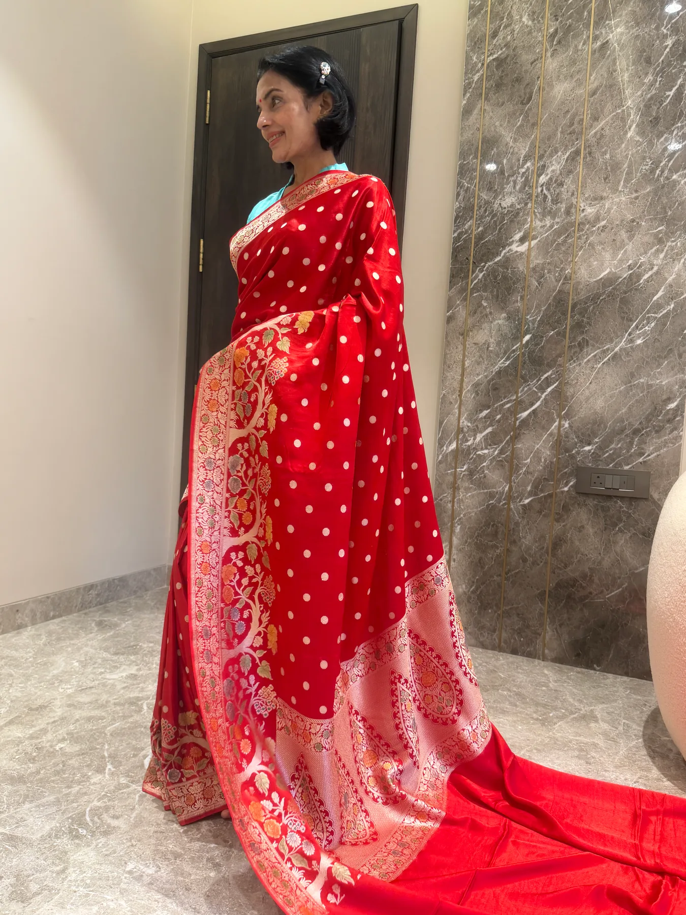 Red Mushroo Silk Coin Buta Banarasi Saree — Banarasi, Mushroo Silk, view 4