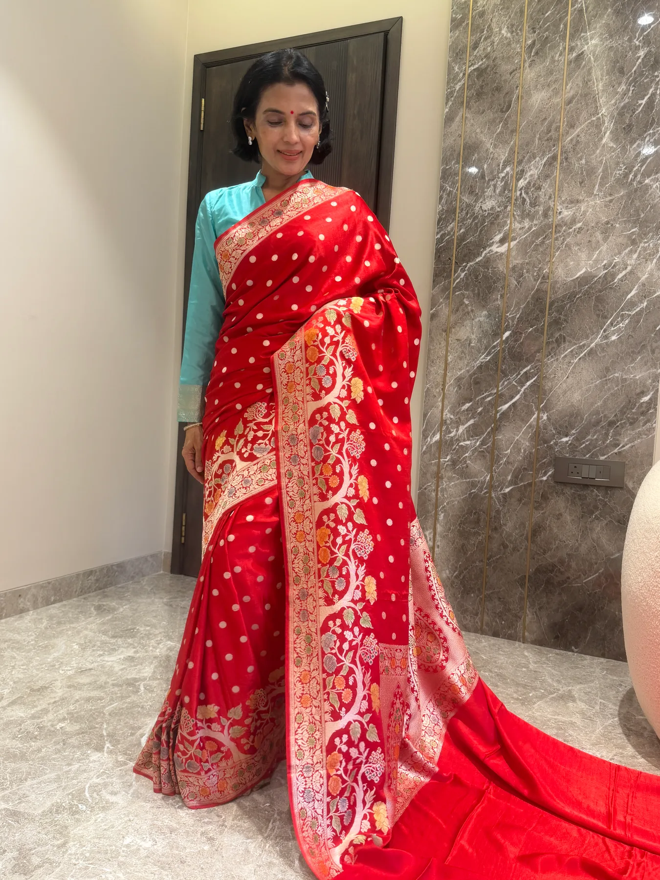 Red Mushroo Silk Coin Buta Banarasi Saree — Banarasi, Mushroo Silk, view 3