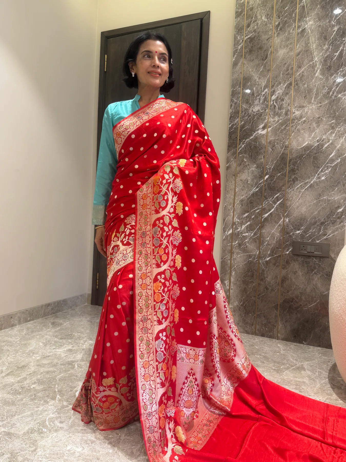 Red Mushroo Silk Coin Buta Banarasi Saree — Banarasi, Mushroo Silk