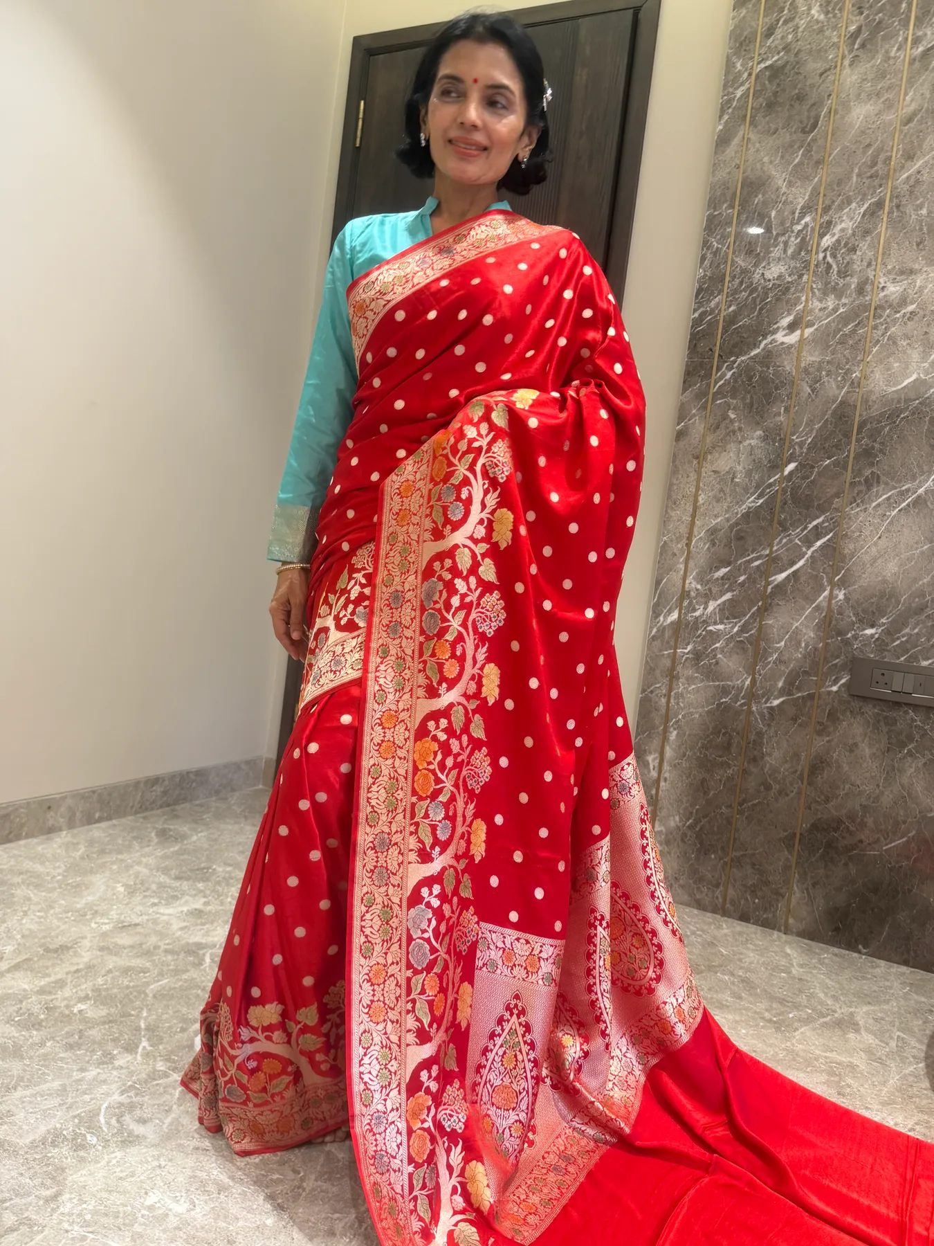 Red Mushroo Silk Coin Buta Banarasi Saree — Banarasi, Mushroo Silk, view 2