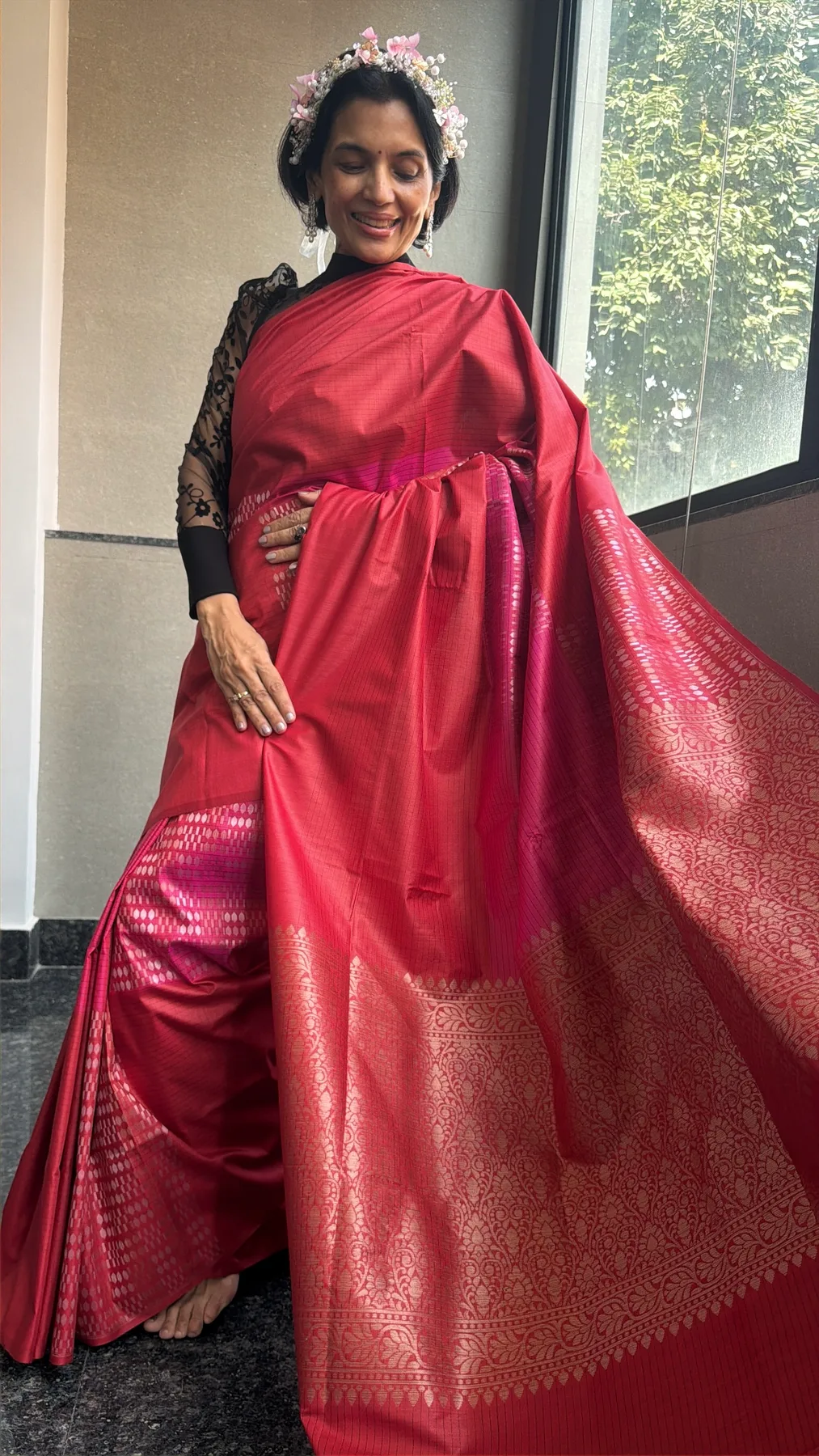 Red and Pink Munga Silk Sona Rupa Kaduwa Chaukdi Banarasi Saree — Banarasi, Munga Silk, view 4