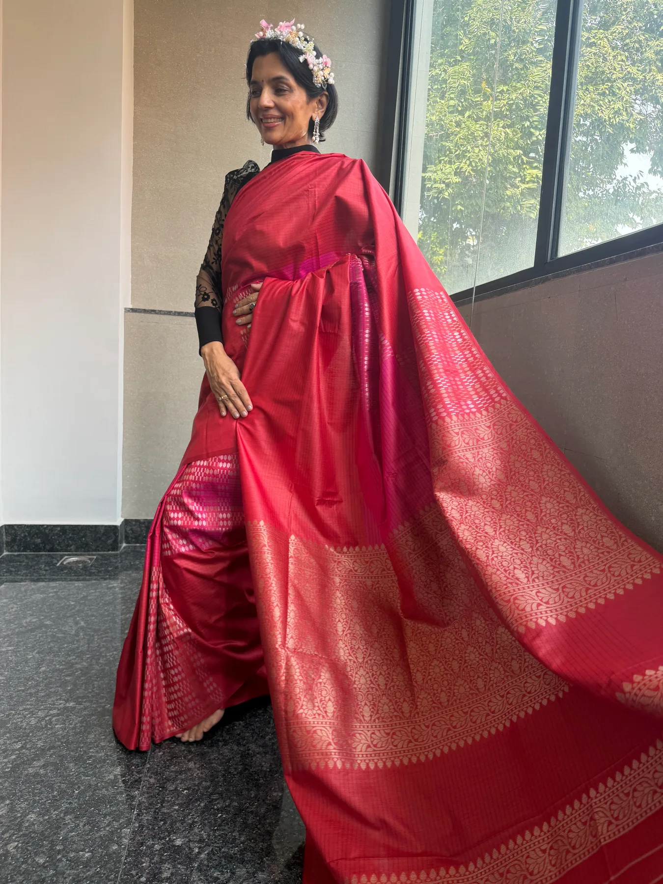 Red and Pink Munga Silk Sona Rupa Kaduwa Chaukdi Banarasi Saree — Banarasi, Munga Silk, view 3