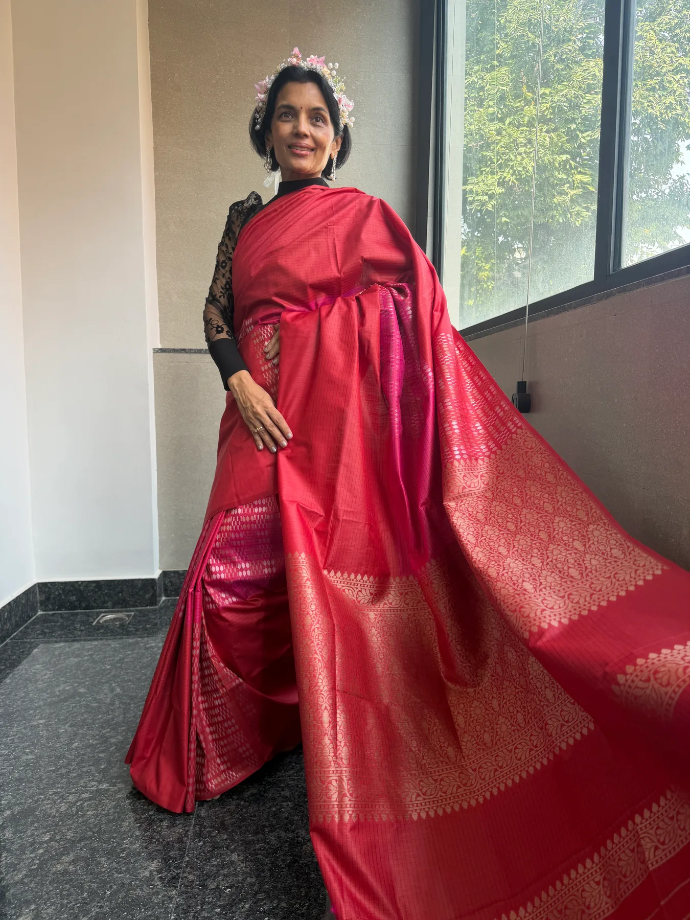 Red and Pink Munga Silk Sona Rupa Kaduwa Chaukdi Banarasi Saree — Banarasi, Munga Silk, view 2