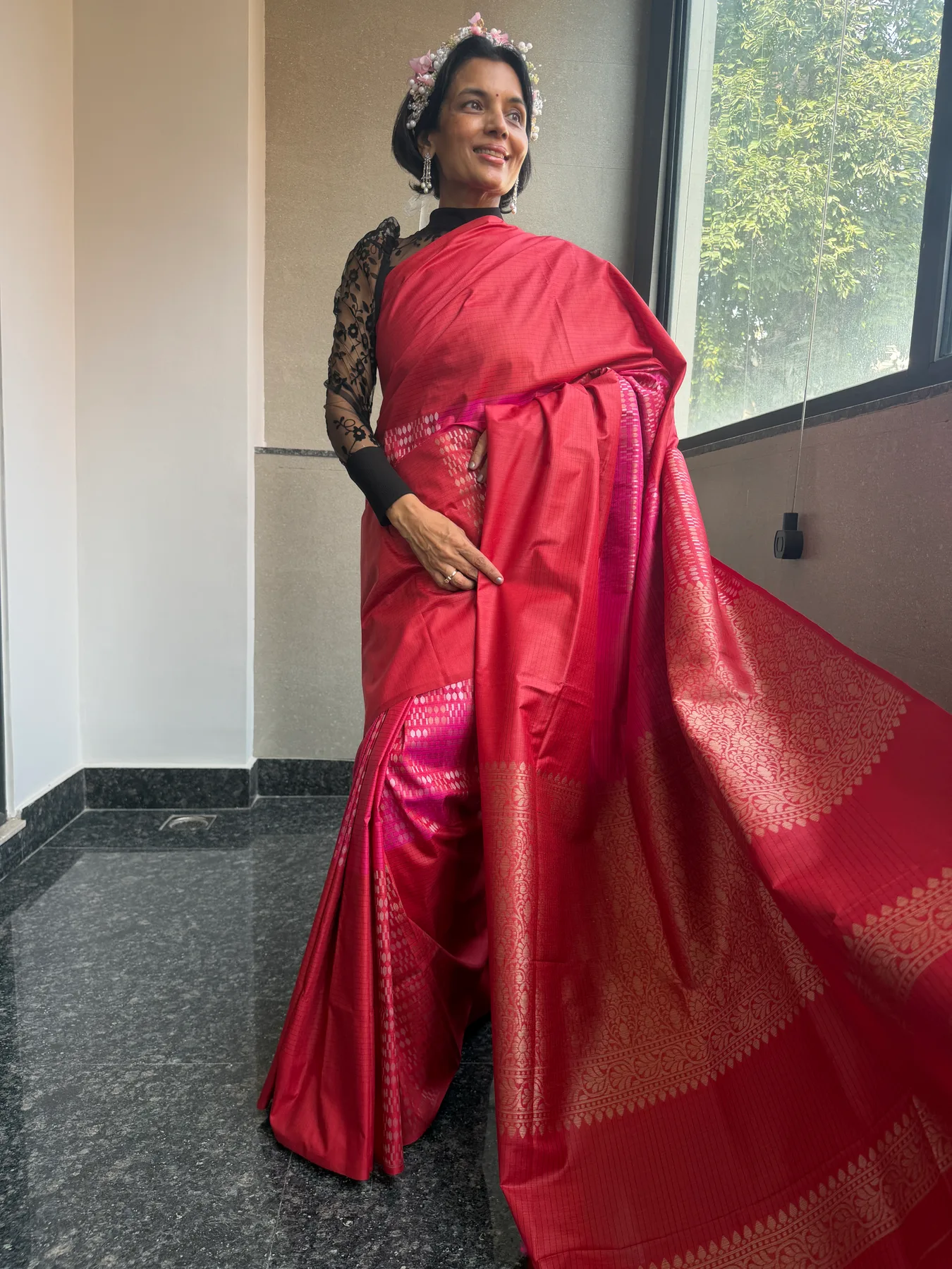 Red and Pink Munga Silk Sona Rupa Kaduwa Chaukdi Banarasi Saree — Banarasi, Munga Silk, view 5