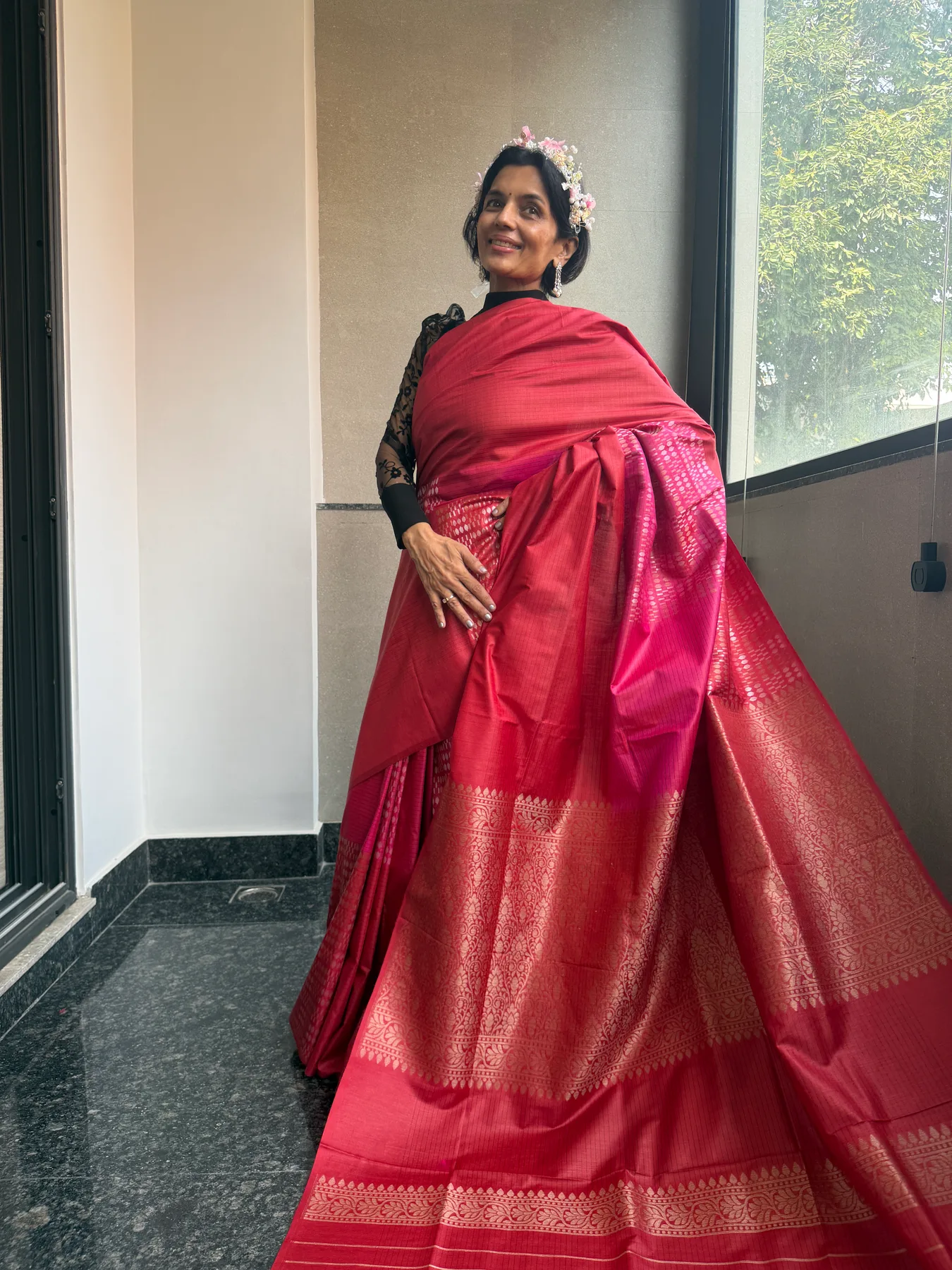 Red and Pink Munga Silk Sona Rupa Kaduwa Chaukdi Banarasi Saree — Banarasi, Munga Silk