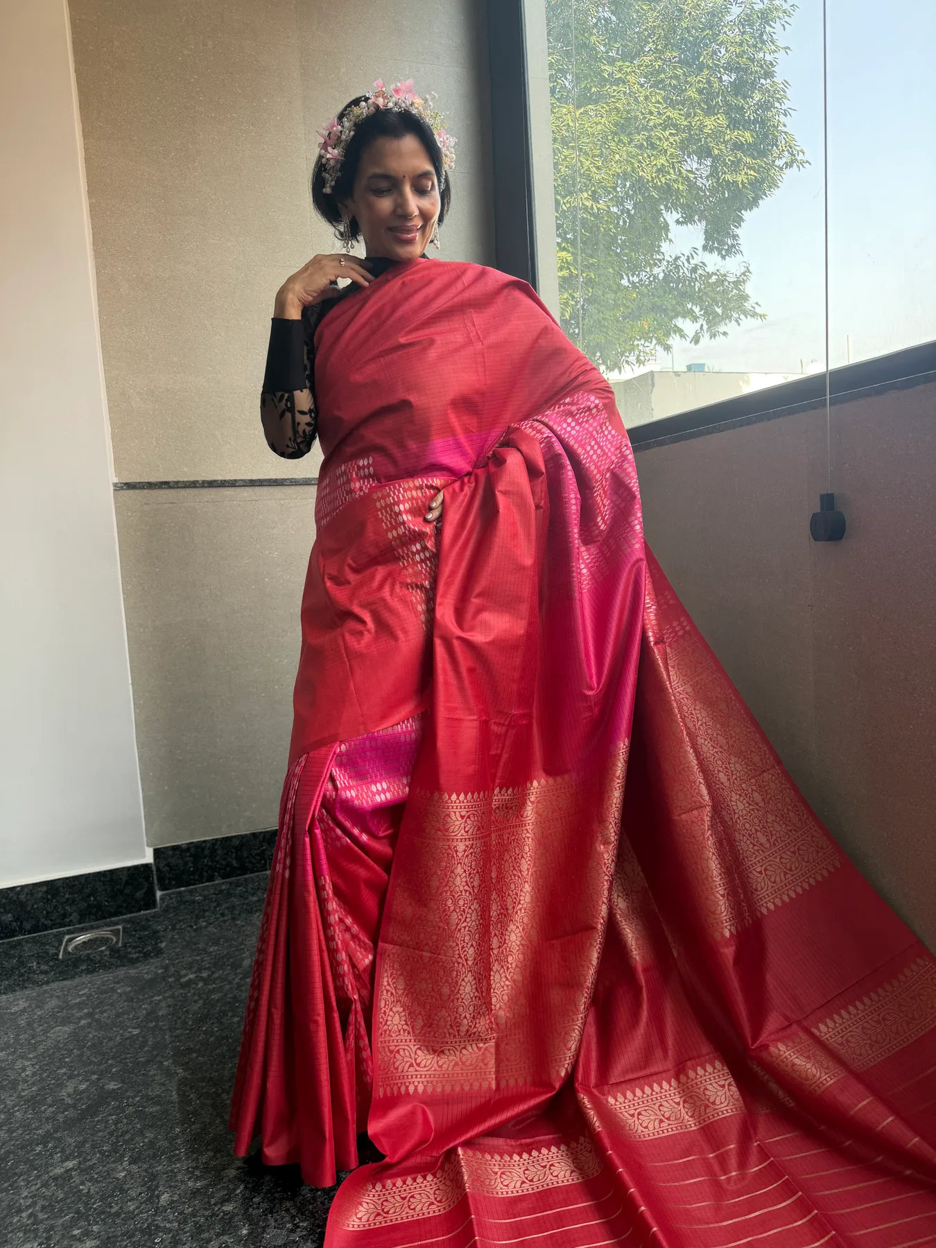 Red and Pink Munga Silk Sona Rupa Kaduwa Chaukdi Banarasi Saree — Banarasi, Munga Silk, view 6