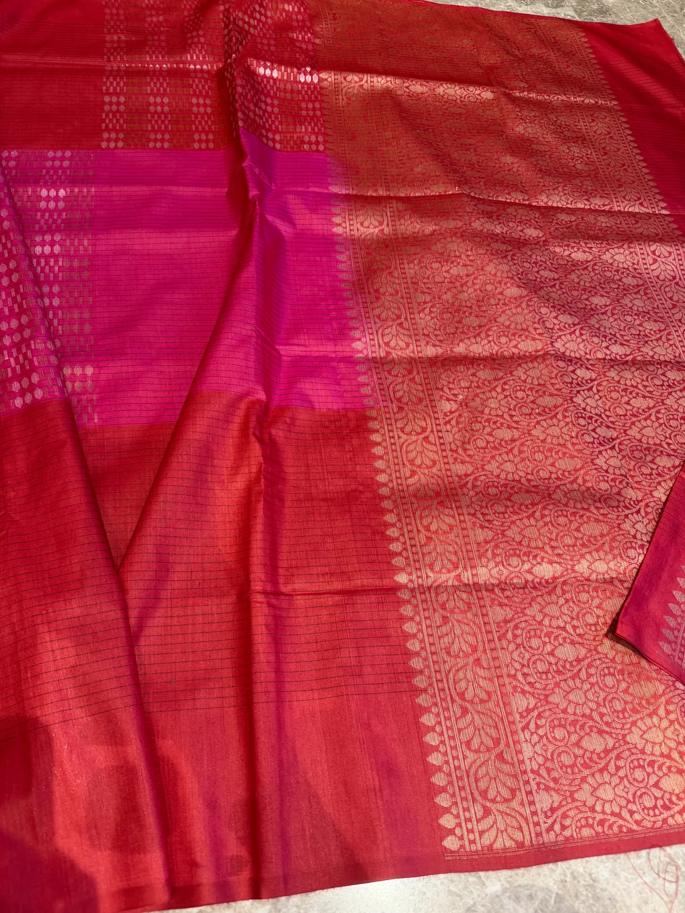 Red and Pink Munga Silk Sona Rupa Kaduwa Chaukdi Banarasi Saree — Banarasi, Munga Silk, view 9