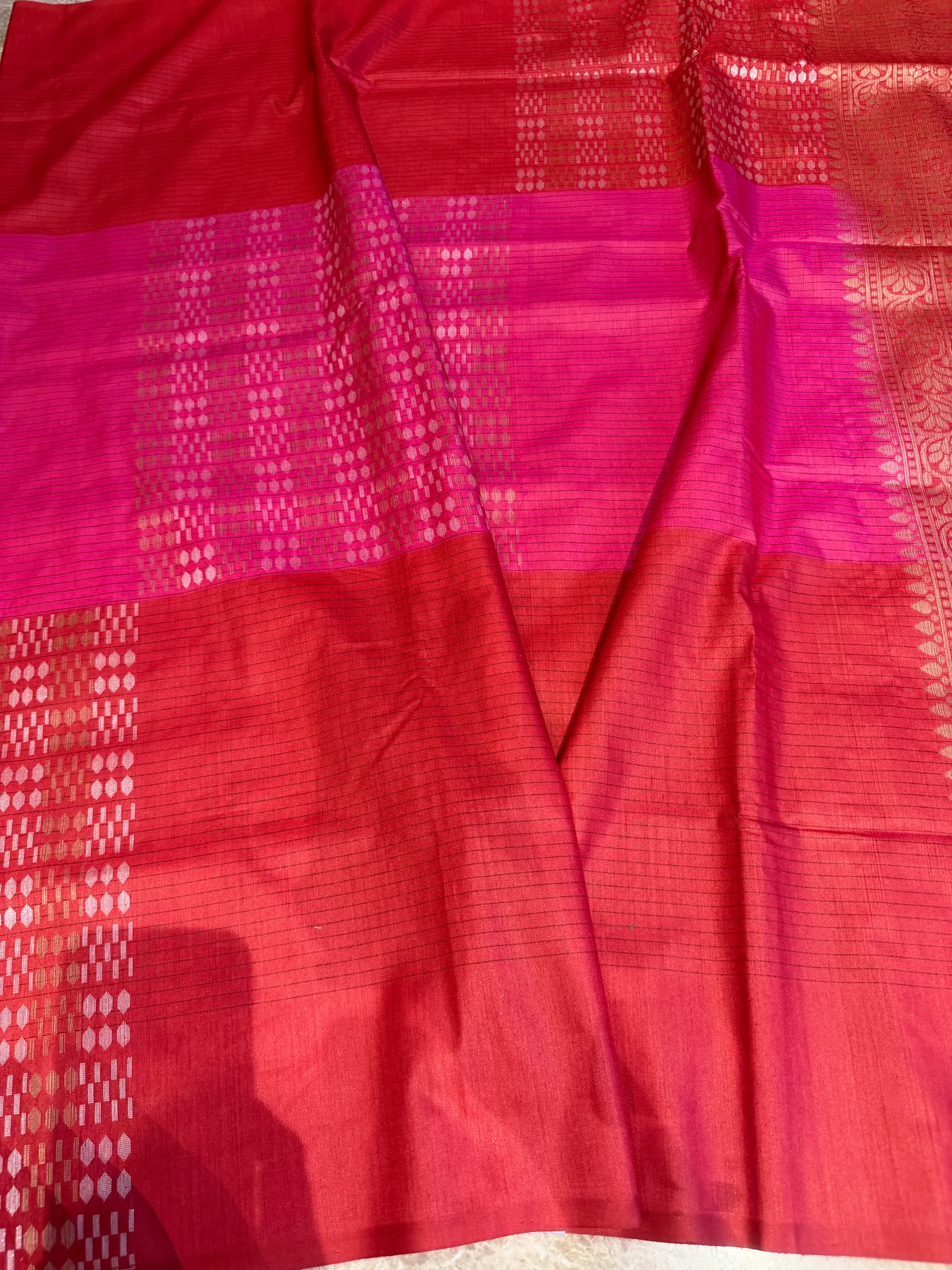 Red and Pink Munga Silk Sona Rupa Kaduwa Chaukdi Banarasi Saree — Banarasi, Munga Silk, view 8