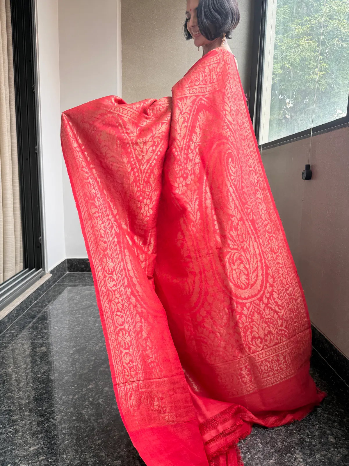 Classic Red Pure Tussar Silk Kaduwa Banarasi Saree — Banarasi, Pure Tussar Silk, Varanasi, Uttar Pradesh, view 5