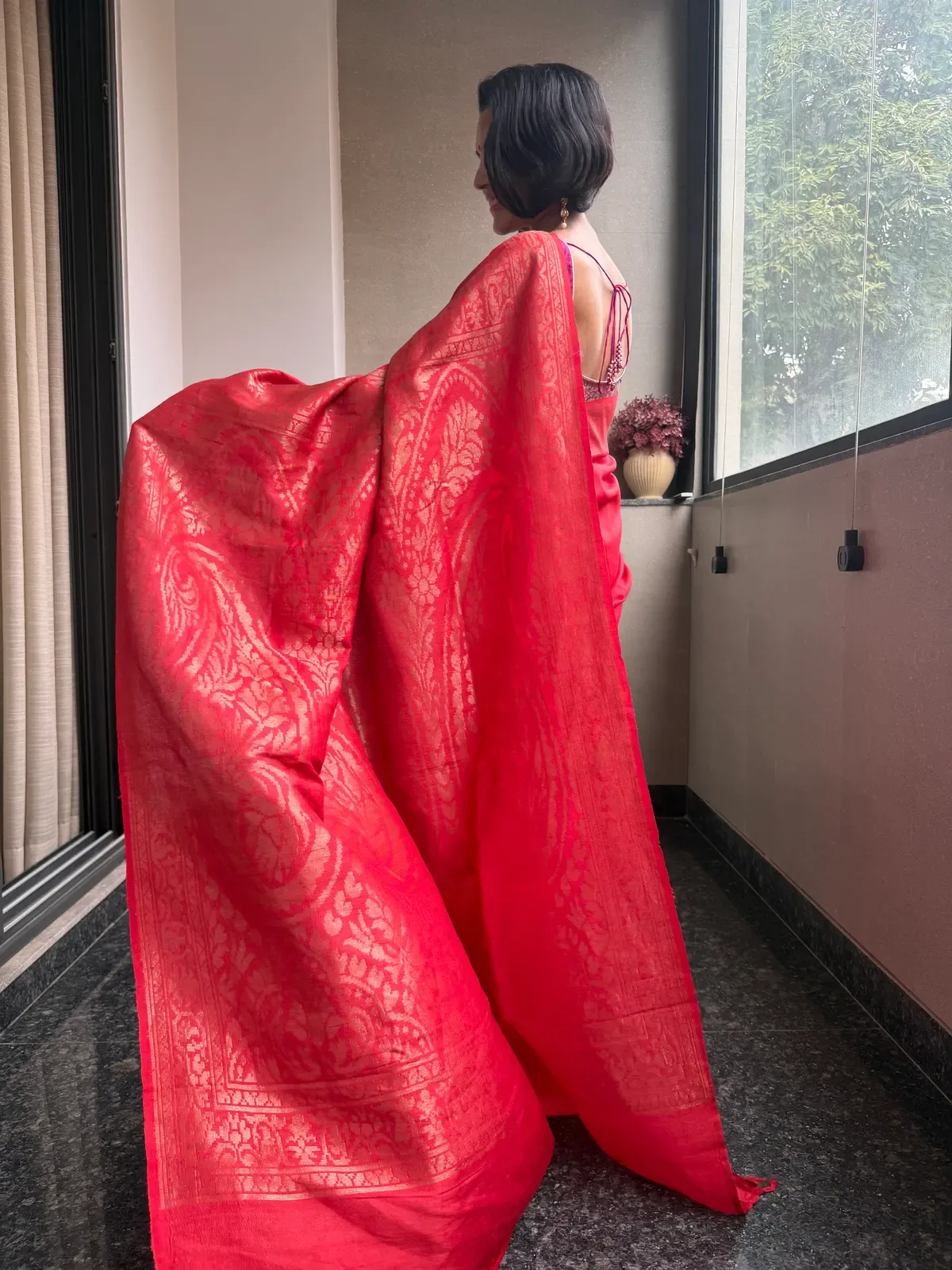 Classic Red Pure Tussar Silk Kaduwa Banarasi Saree — Banarasi, Pure Tussar Silk, Varanasi, Uttar Pradesh, view 6