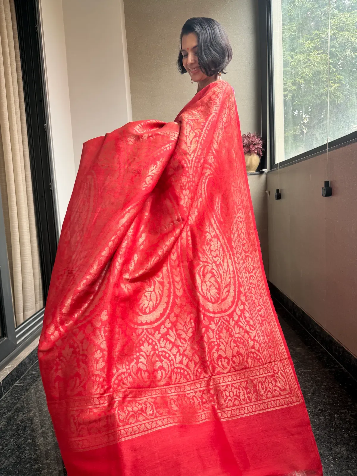 Classic Red Pure Tussar Silk Kaduwa Banarasi Saree — Banarasi, Pure Tussar Silk, Varanasi, Uttar Pradesh, view 3
