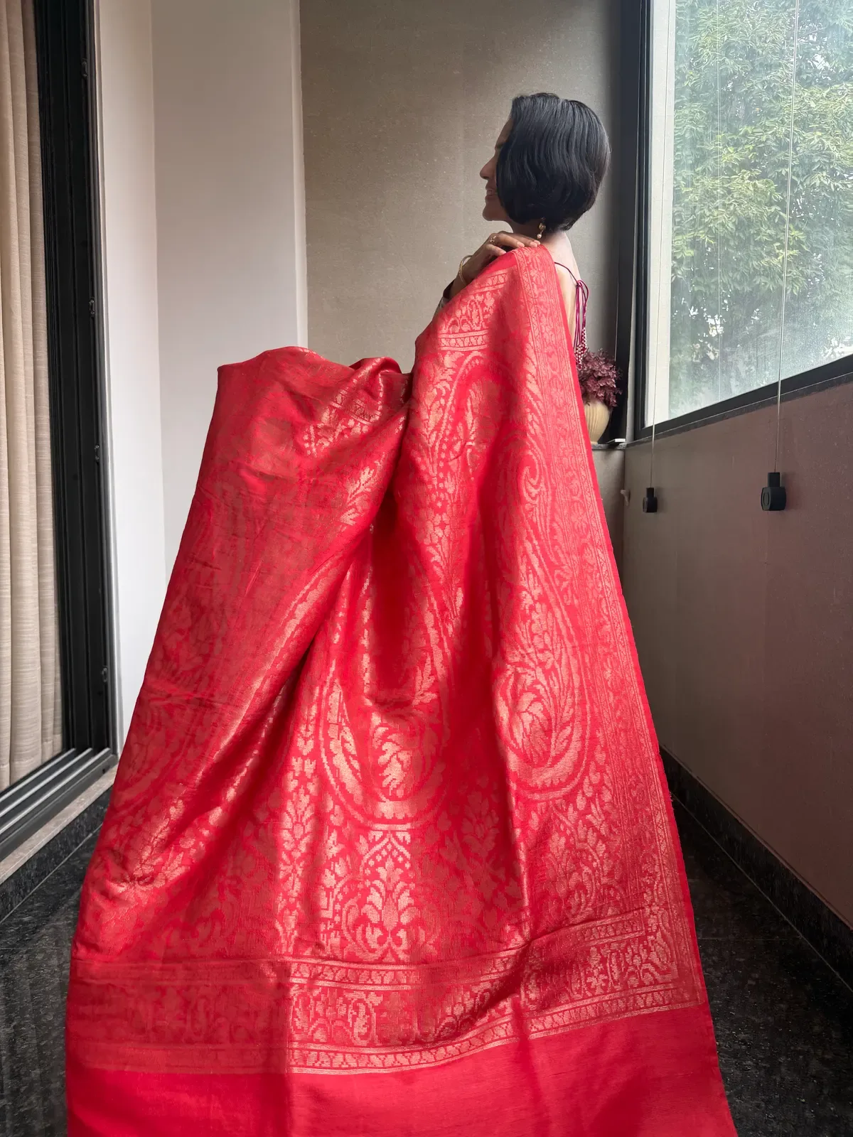 Classic Red Pure Tussar Silk Kaduwa Banarasi Saree — Banarasi, Pure Tussar Silk, Varanasi, Uttar Pradesh, view 7