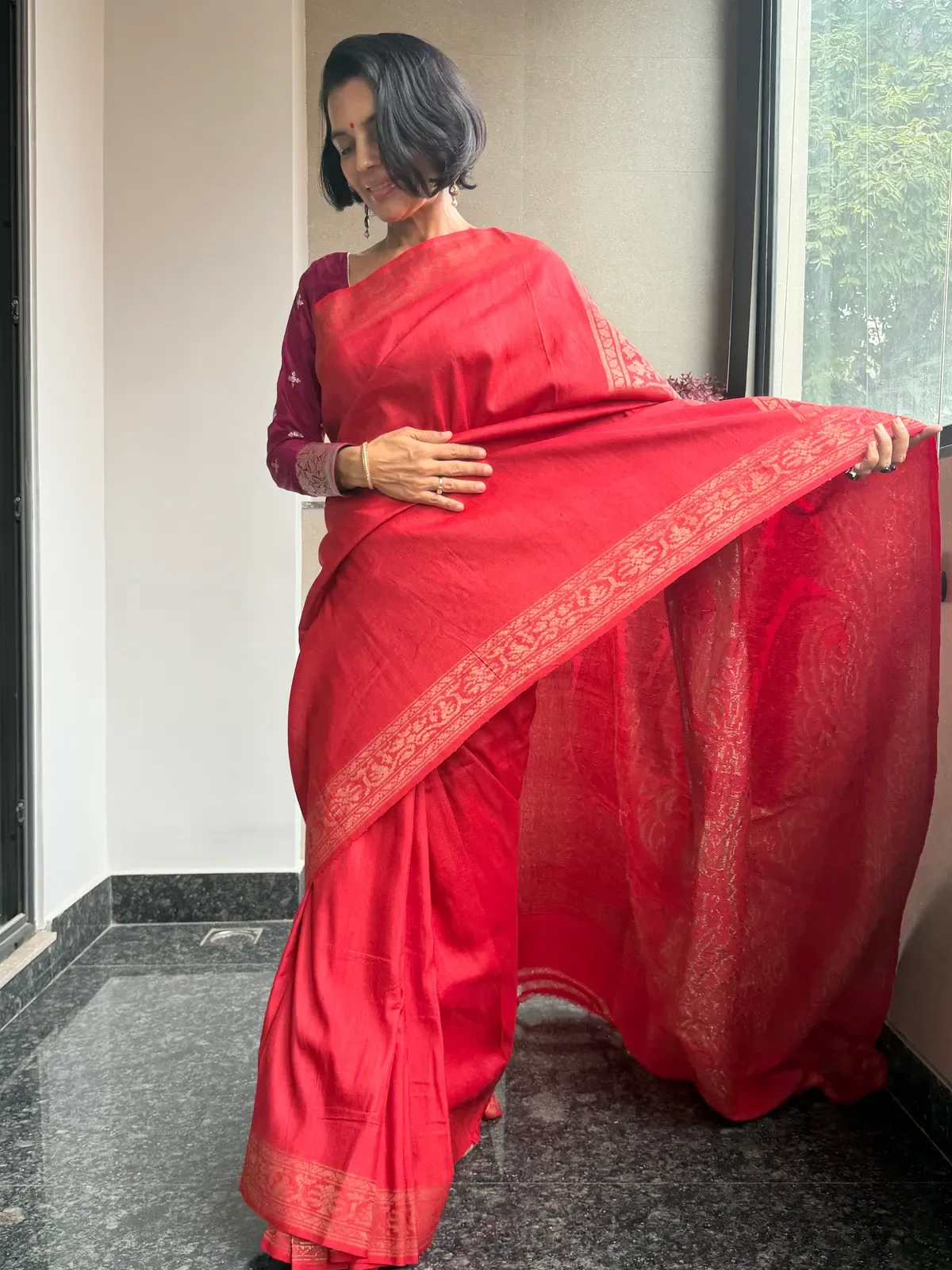 Classic Red Pure Tussar Silk Kaduwa Banarasi Saree — Banarasi, Pure Tussar Silk, Varanasi, Uttar Pradesh, view 2