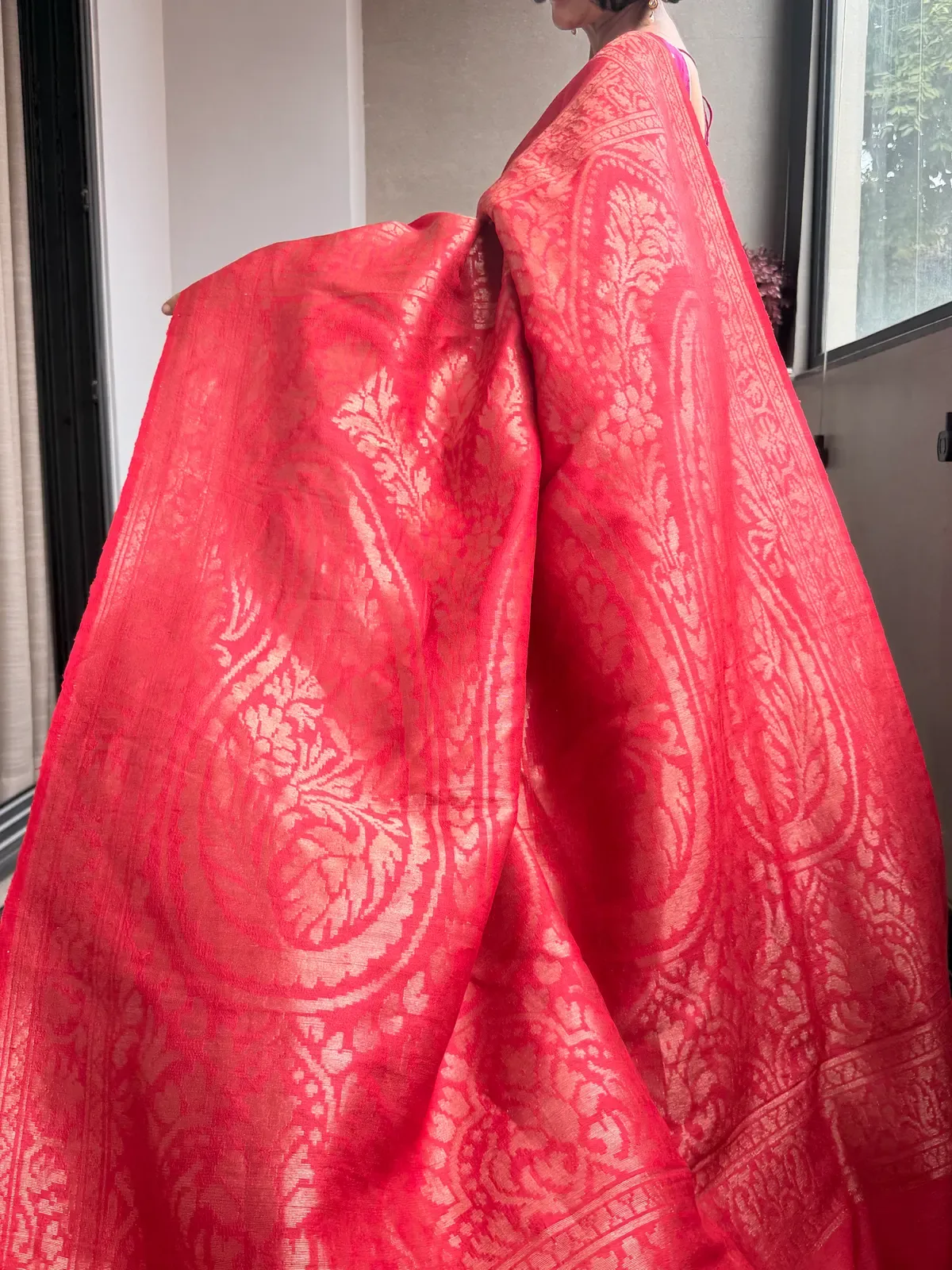 Classic Red Pure Tussar Silk Kaduwa Banarasi Saree — Banarasi, Pure Tussar Silk, Varanasi, Uttar Pradesh, view 4