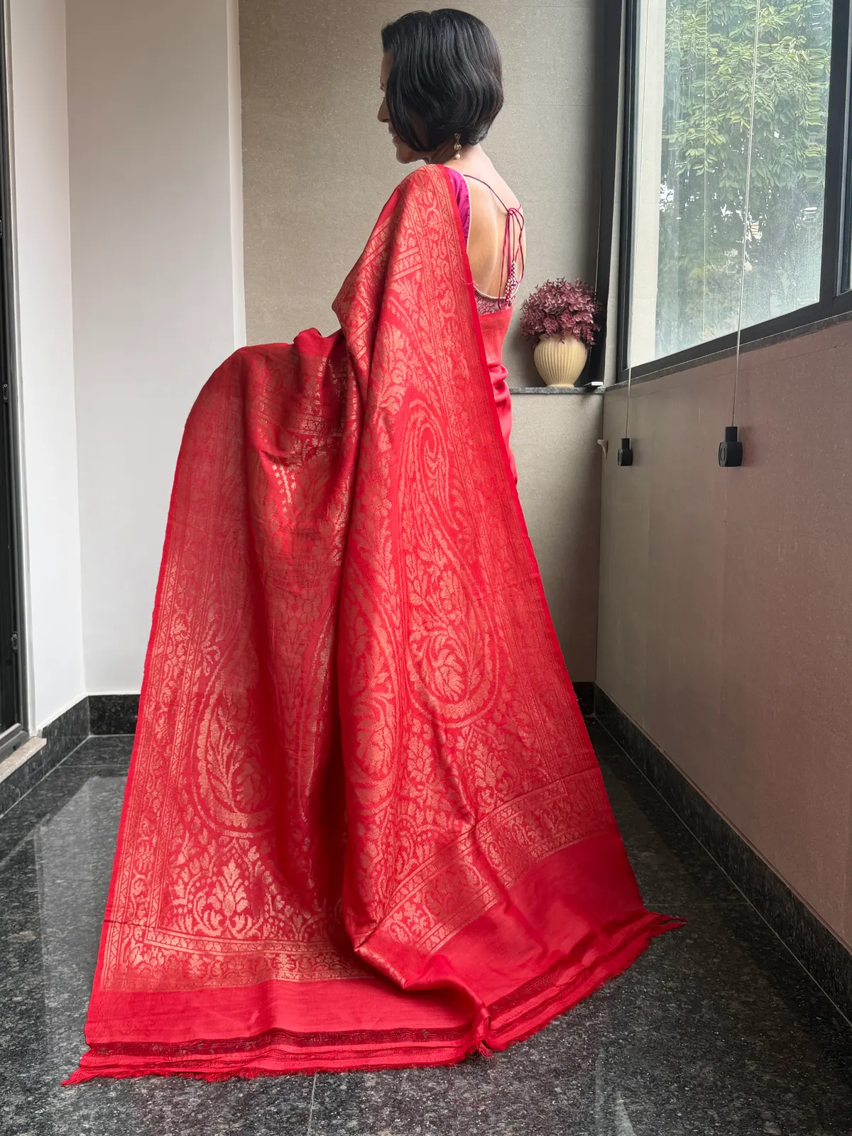 Classic Red Pure Tussar Silk Kaduwa Banarasi Saree — Banarasi, Pure Tussar Silk, Varanasi, Uttar Pradesh, view 8
