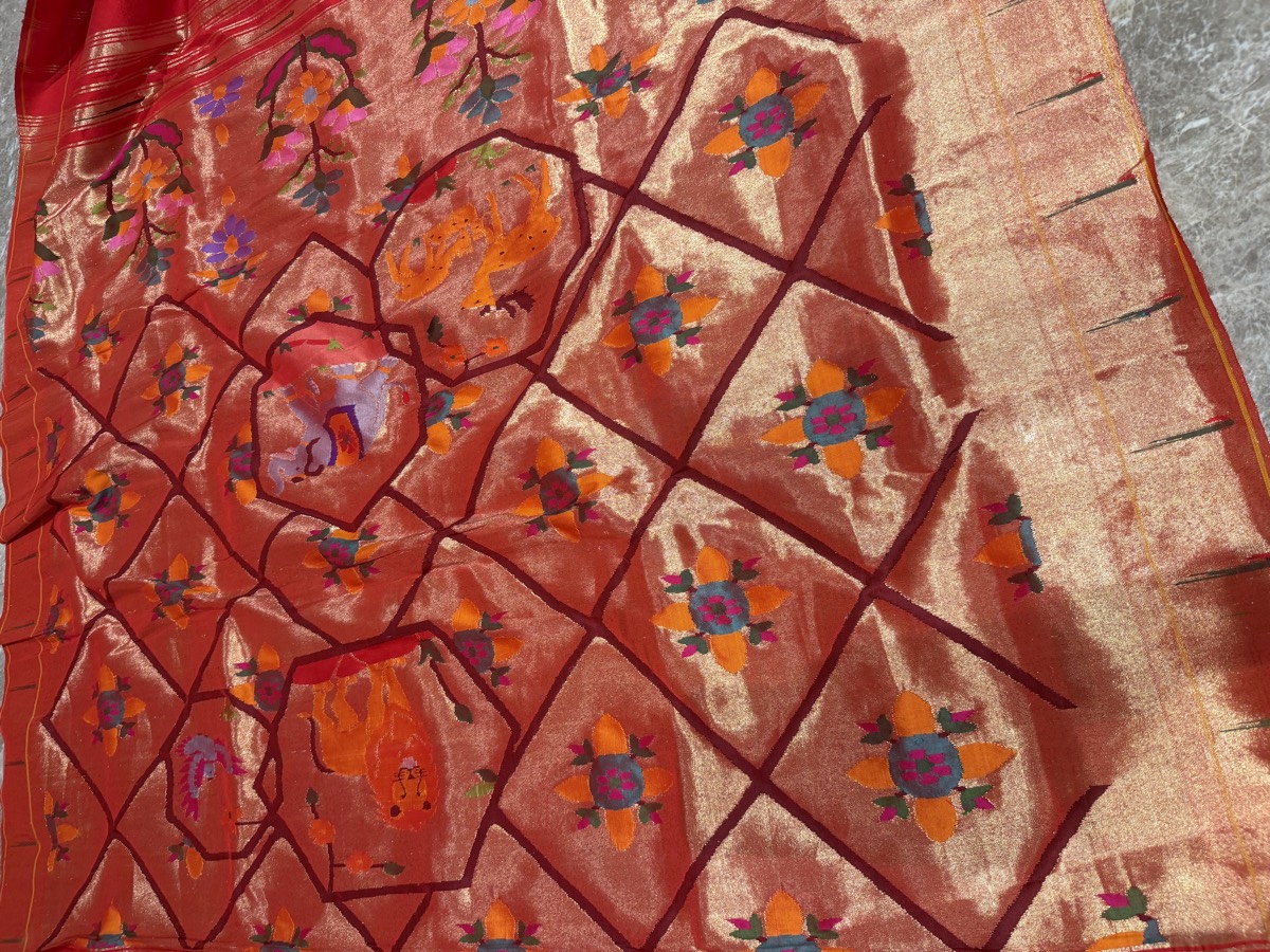 Red Pure Silk Jamdani Paithani Saree with Animal Motif Pallu — Paithani, Pure Silk, Yeola, Maharashtra, view 11
