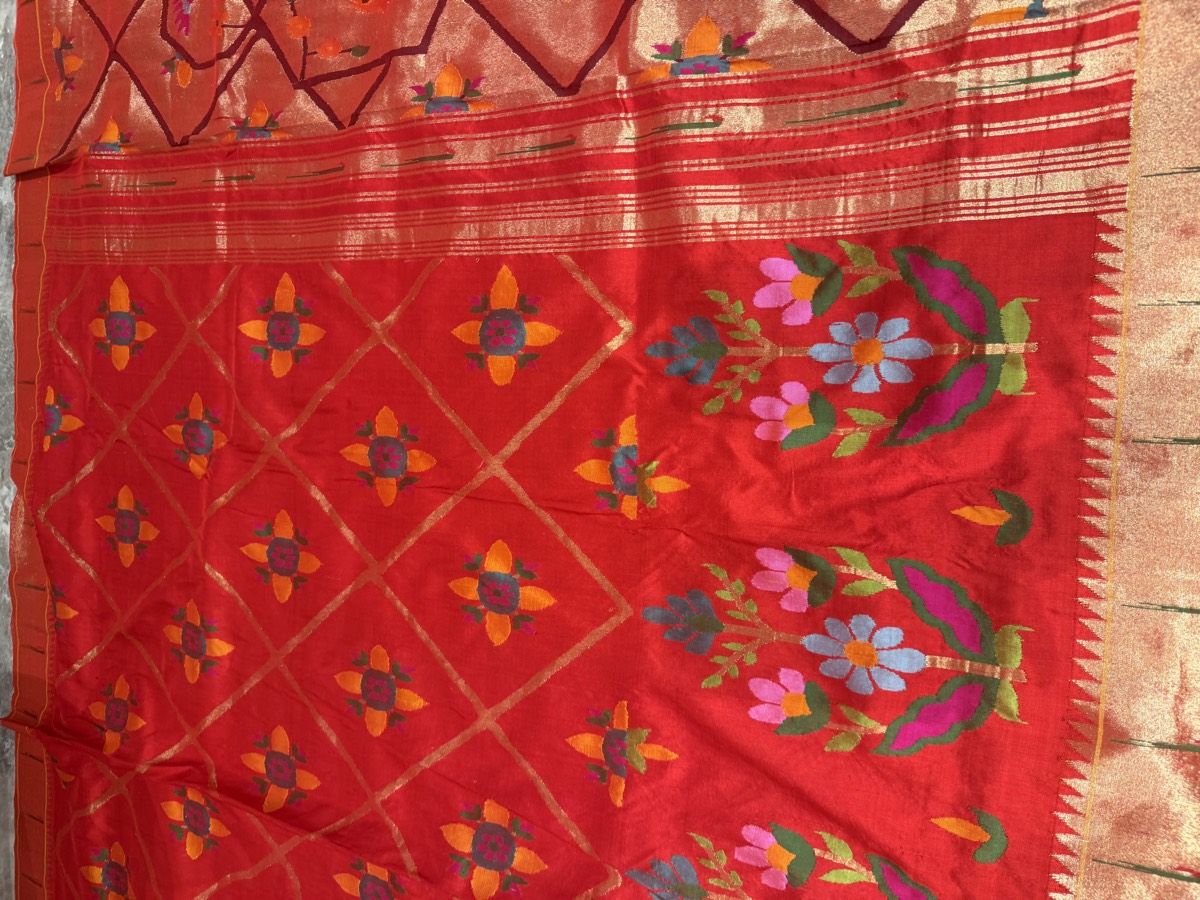 Red Pure Silk Jamdani Paithani Saree with Animal Motif Pallu — Paithani, Pure Silk, Yeola, Maharashtra, view 14