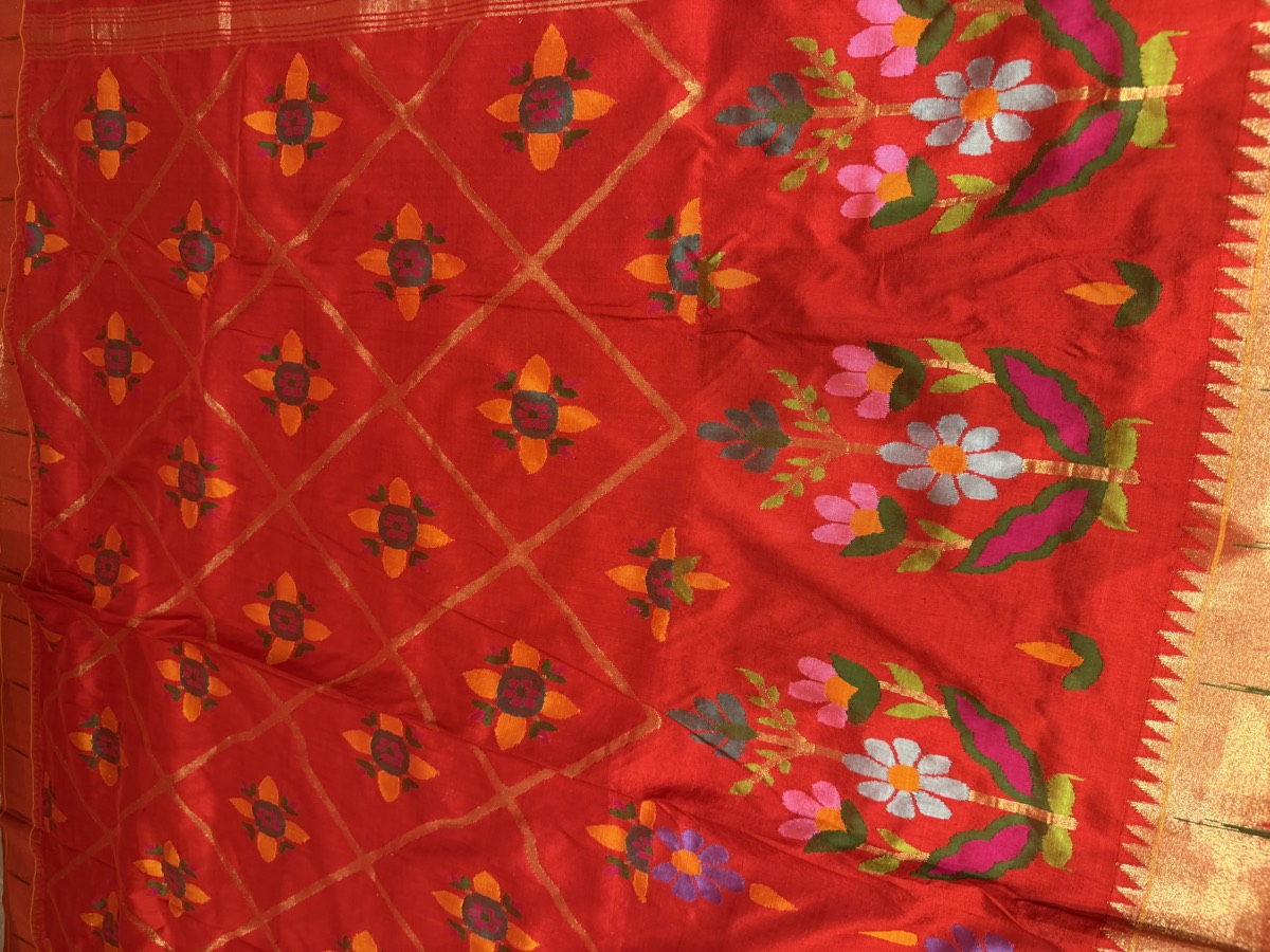 Red Pure Silk Jamdani Paithani Saree with Animal Motif Pallu — Paithani, Pure Silk, Yeola, Maharashtra, view 15