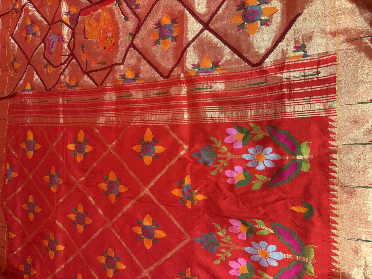 Red Pure Silk Jamdani Paithani Saree with Animal Motif Pallu — Paithani, Pure Silk, Yeola, Maharashtra, view 13