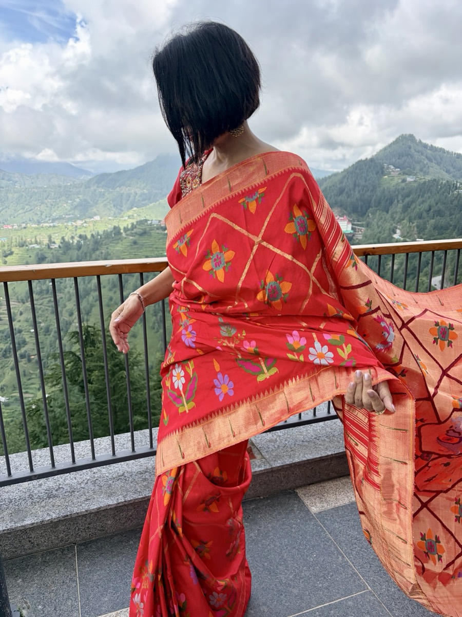 Red Pure Silk Jamdani Paithani Saree with Animal Motif Pallu — Paithani, Pure Silk, Yeola, Maharashtra, view 7