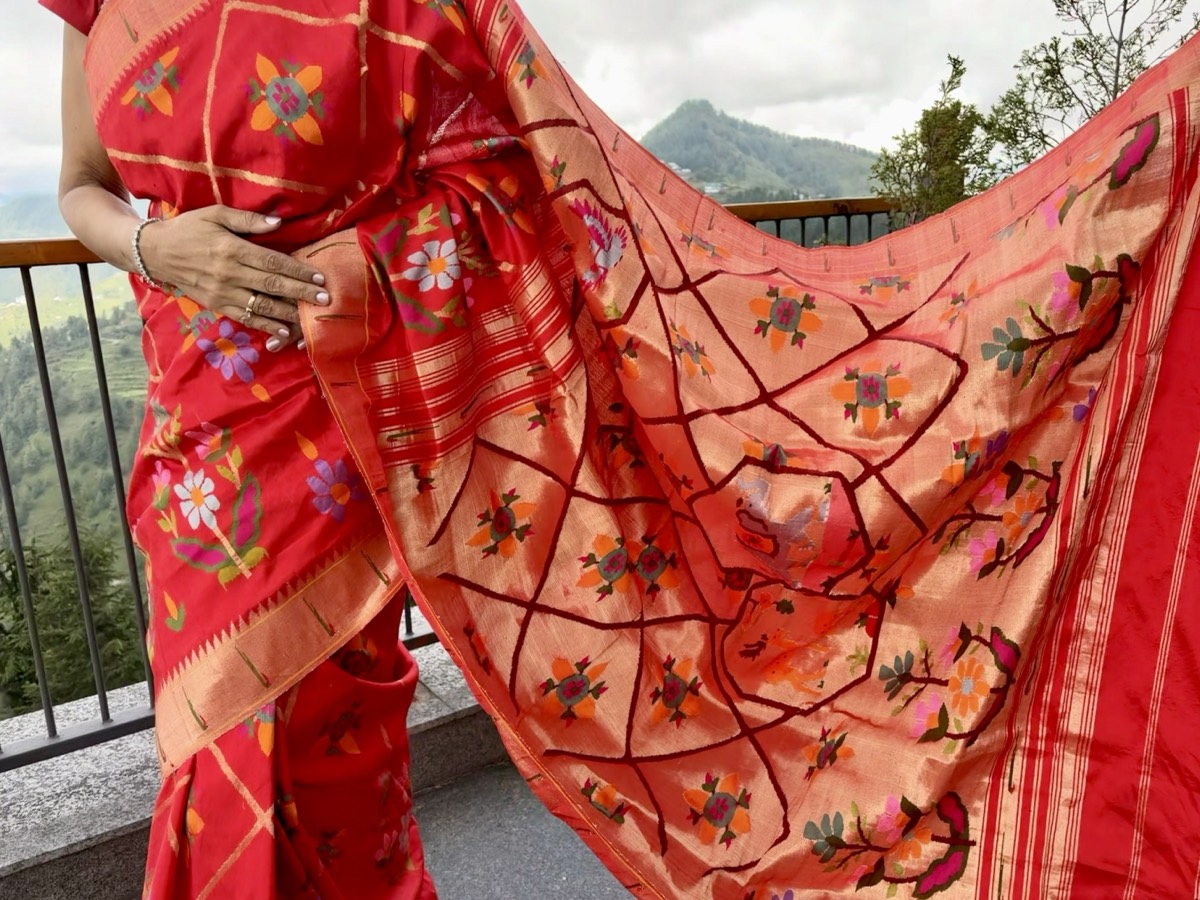Red Pure Silk Jamdani Paithani Saree with Animal Motif Pallu — Paithani, Pure Silk, Yeola, Maharashtra, view 8