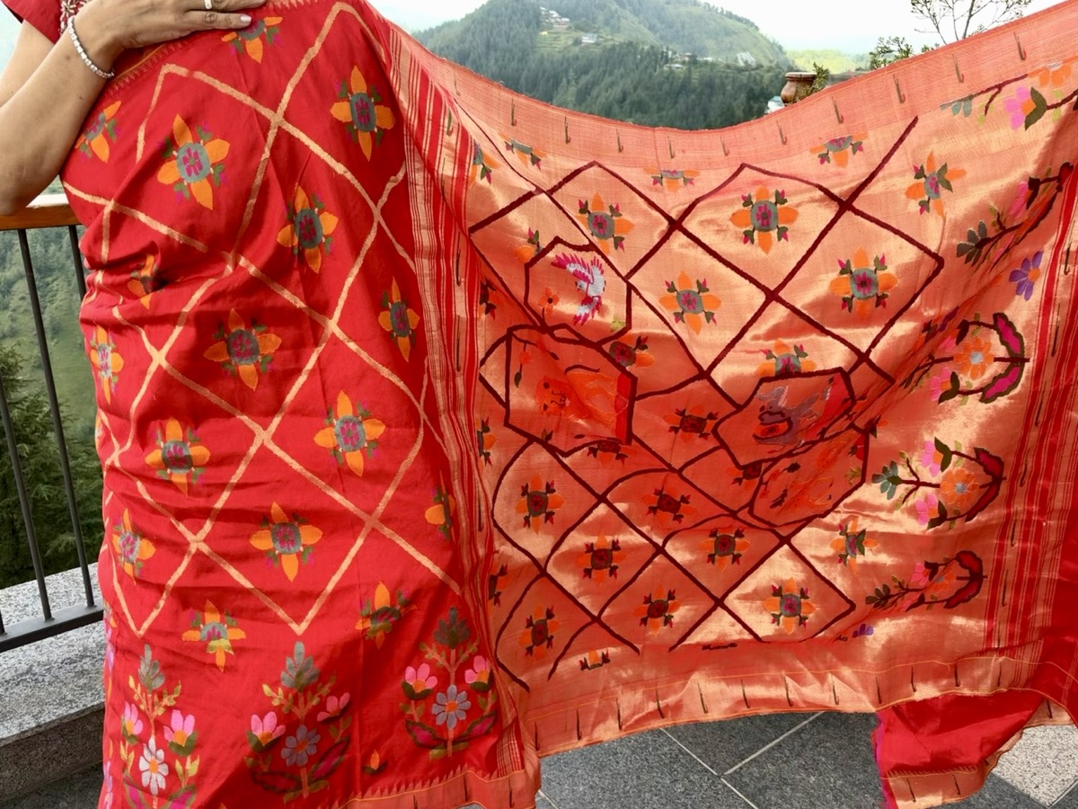 Red Pure Silk Jamdani Paithani Saree with Animal Motif Pallu — Paithani, Pure Silk, Yeola, Maharashtra, view 10