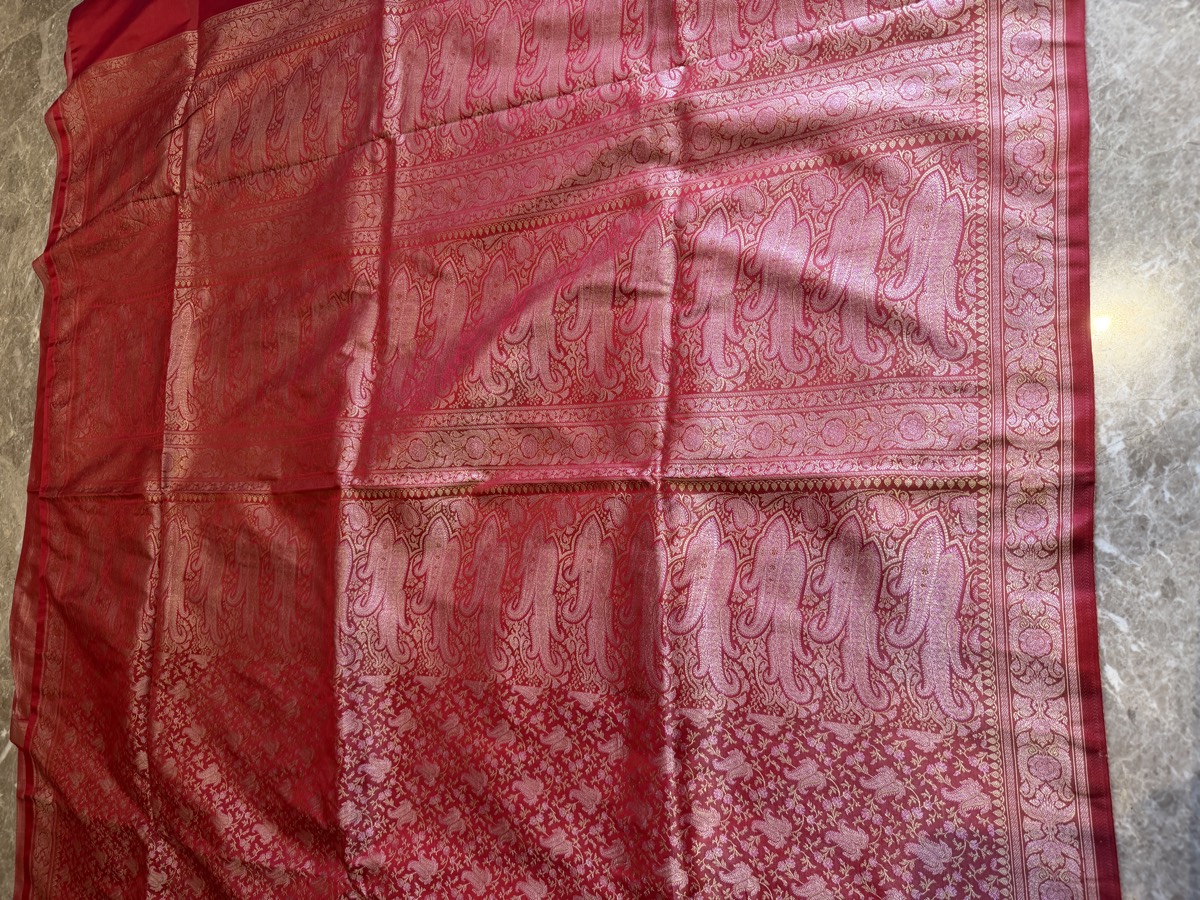 Red Silk Tanchoi Banarasi Saree with Vintage Paisley Pallu — Banarasi, Silk, Varanasi, Uttar Pradesh, view 6