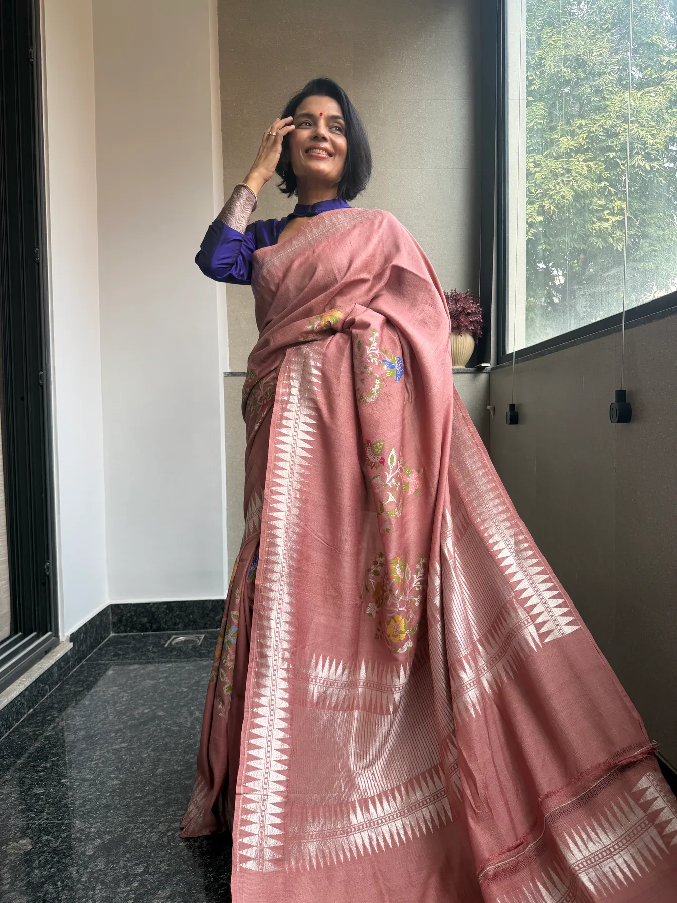 Rose Pink Handloom Tussar Saree with Double Temple Border — Banarasi, Handloom Tussar